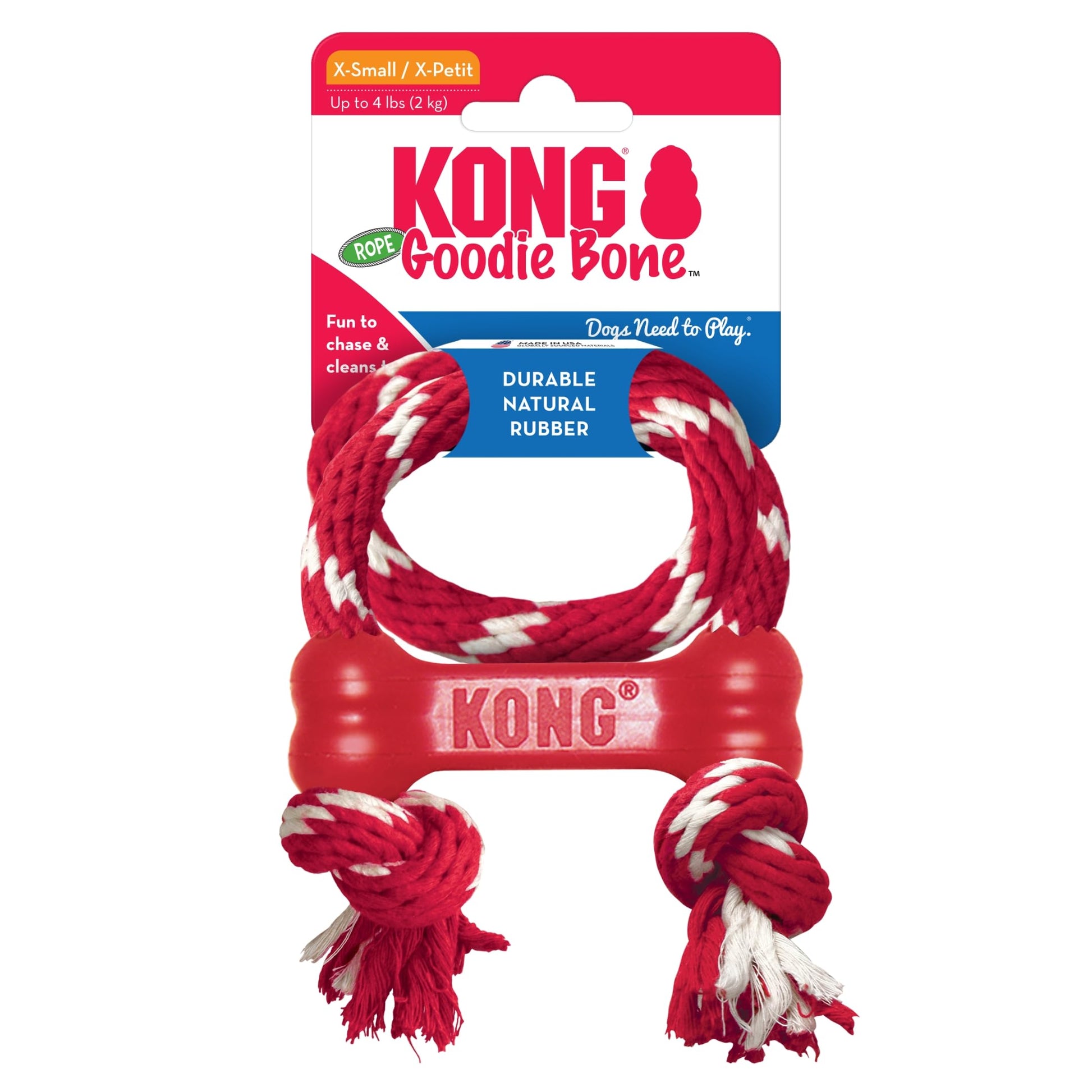 KONG Goodie Bone with Rope Dog Toy, Rojo, XS