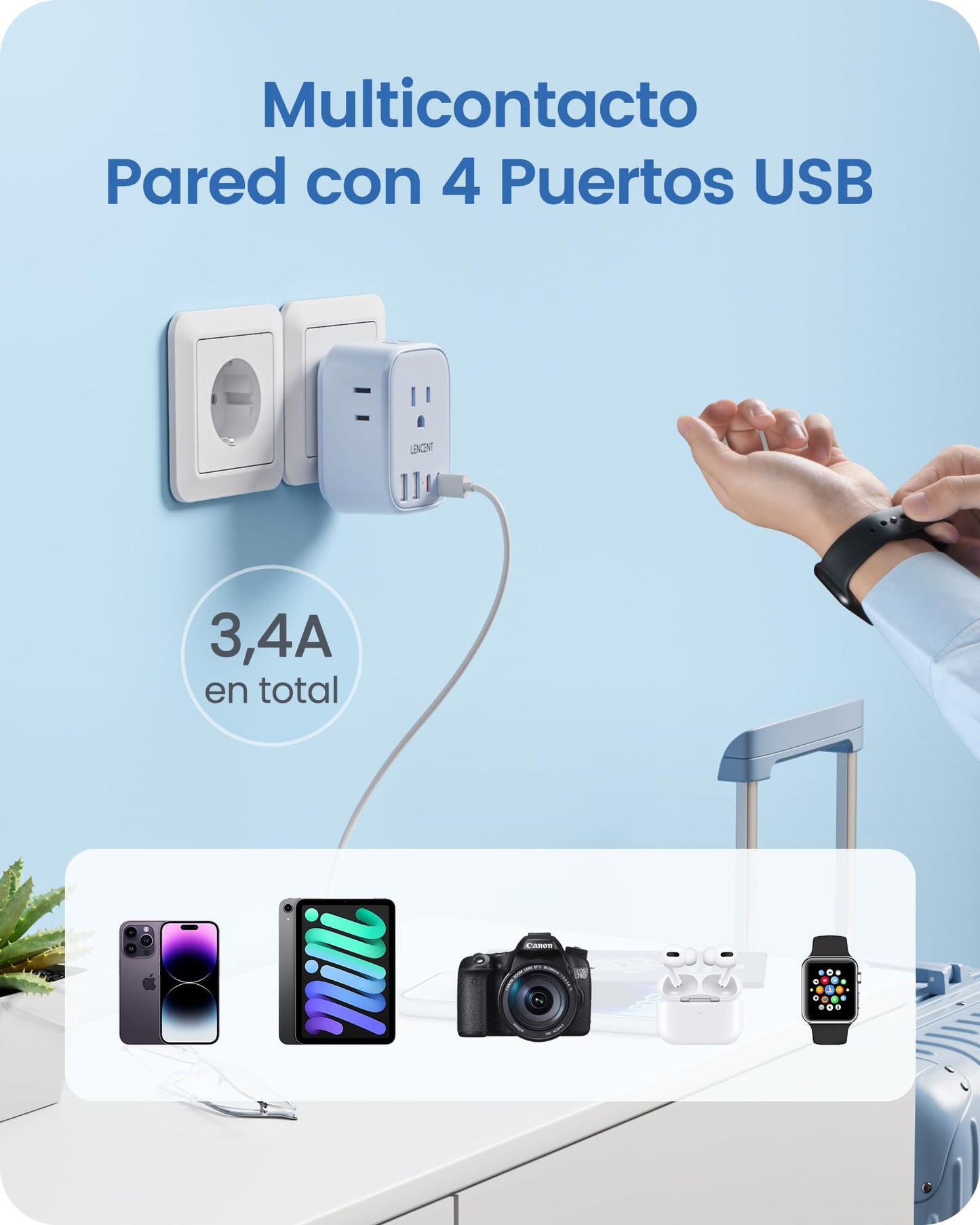 LENCENT Adaptador Europeo Plegable, Adaptador de Corriente con 4 Salidas y 4 Puertos USB (2USB C), Cargador Americano a Europeo para Alemania, España, Italia, Francia, Apto para Cruceros, Azul