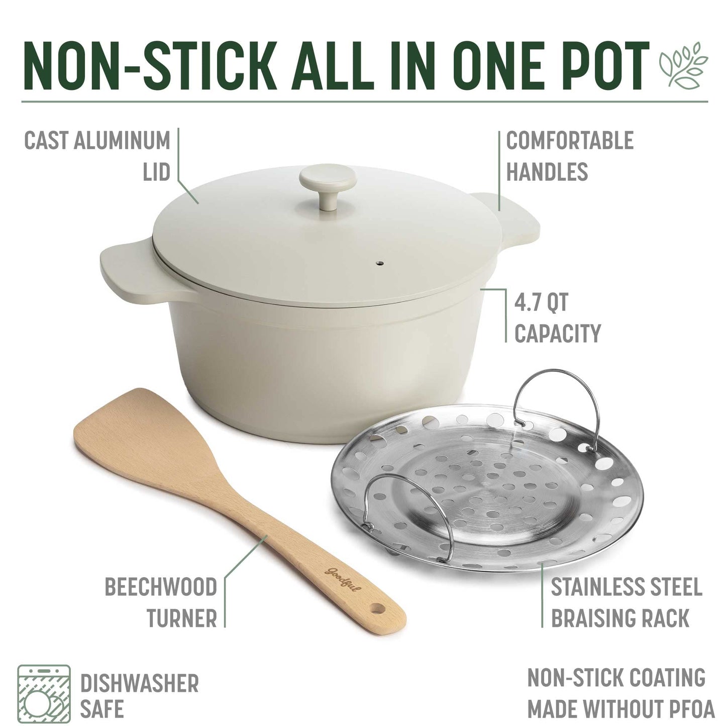 Goodful - Olla todo en uno, antiadherente de revestimiento múltiple, horno holandés fundido de alto rendimiento con tapa a juego, estante para asar y volteador, hecha sin PFOA, utensilios de cocina