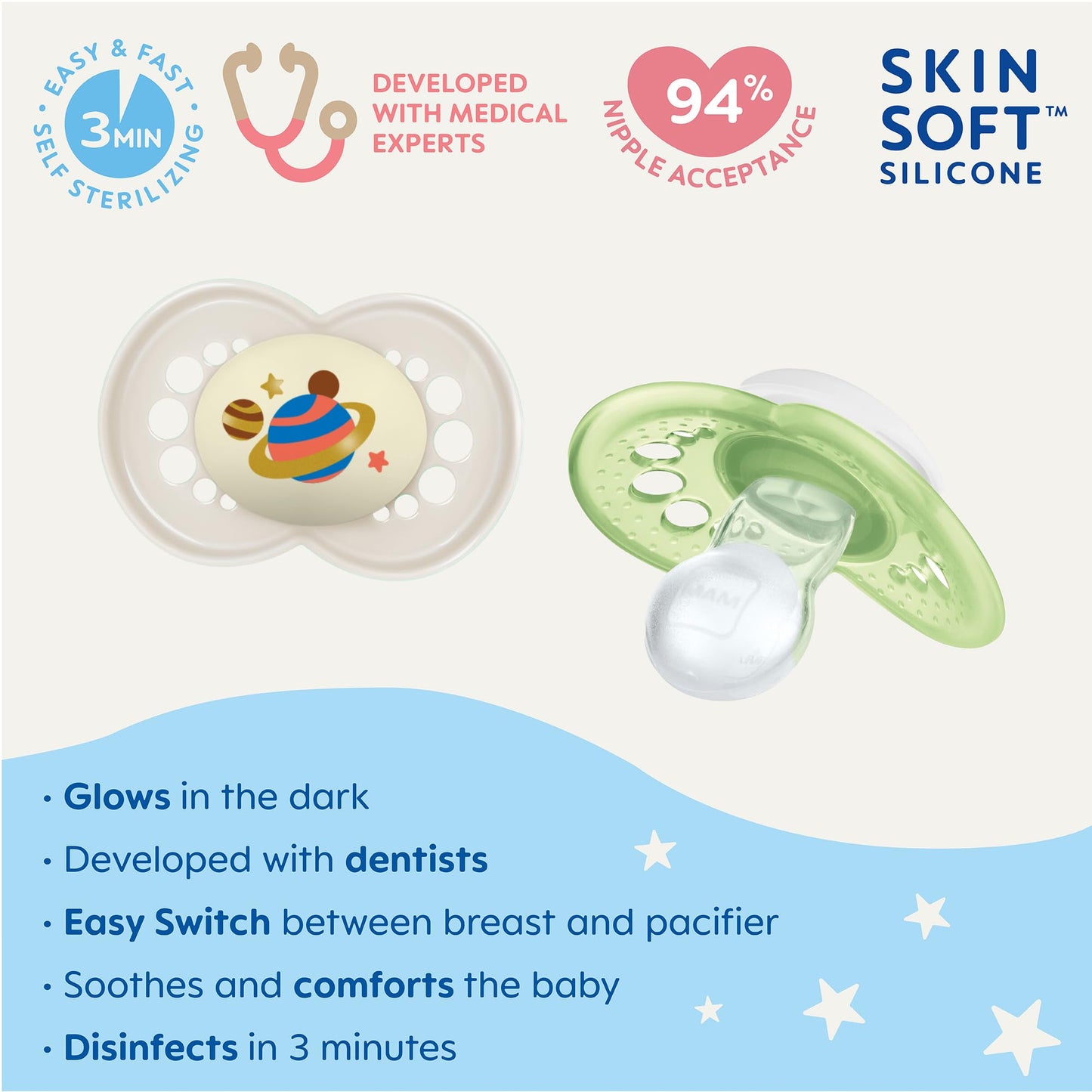 MAM - Chupetes nocturnos originales para 6-16 meses, silicona sin BPA, brilla en la oscuridad, lo mejor para bebés recién nacidos, desarrollado con expertos médicos, 2 unidades, con estuche
