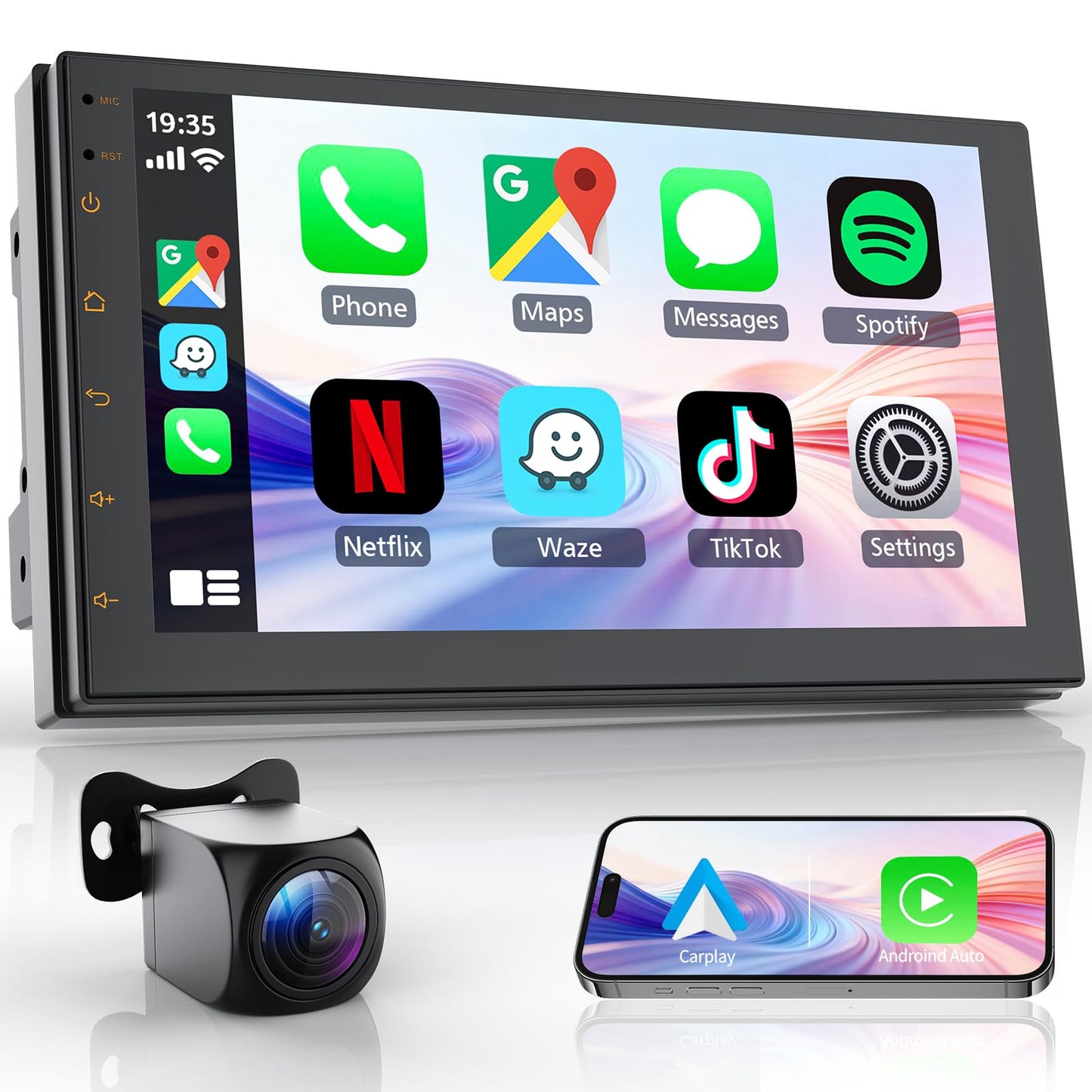 Haudio Estéreo de coche doble din, visualización táctil HD de 7 pulgadas con Apple Carplay y Android Auto, enlace espejo, Bluetooth 5.4, SWC, subwoofer, 5.1 CHN, cámara de respaldo, 2+64 GB, receptor