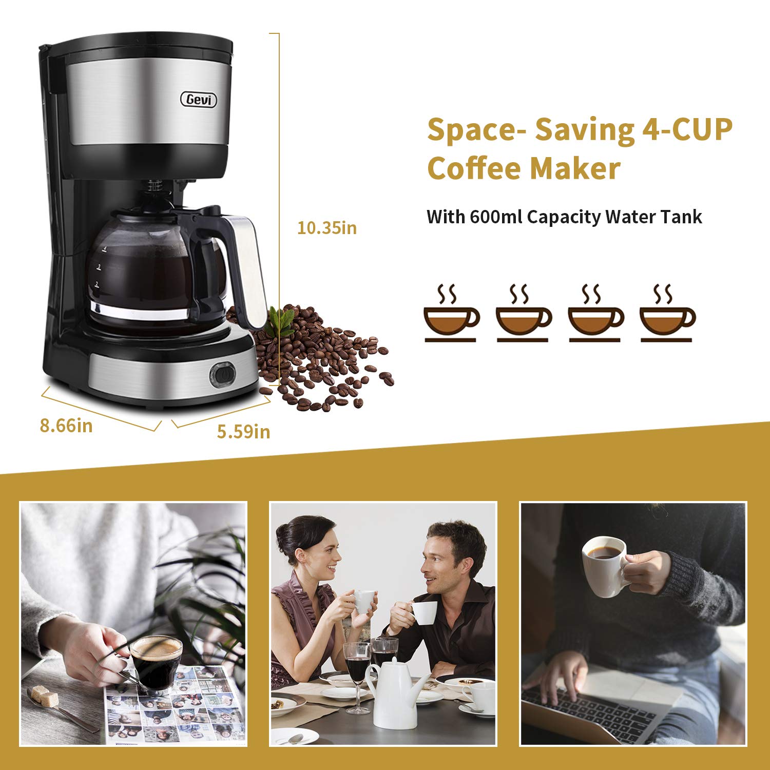 Gevi - Cafetera de 4 tazas con apagado automático, cafetera pequeña con goteo súper automática, cafetera compacta con filtro de cono, jarra de vidrio y placa caliente