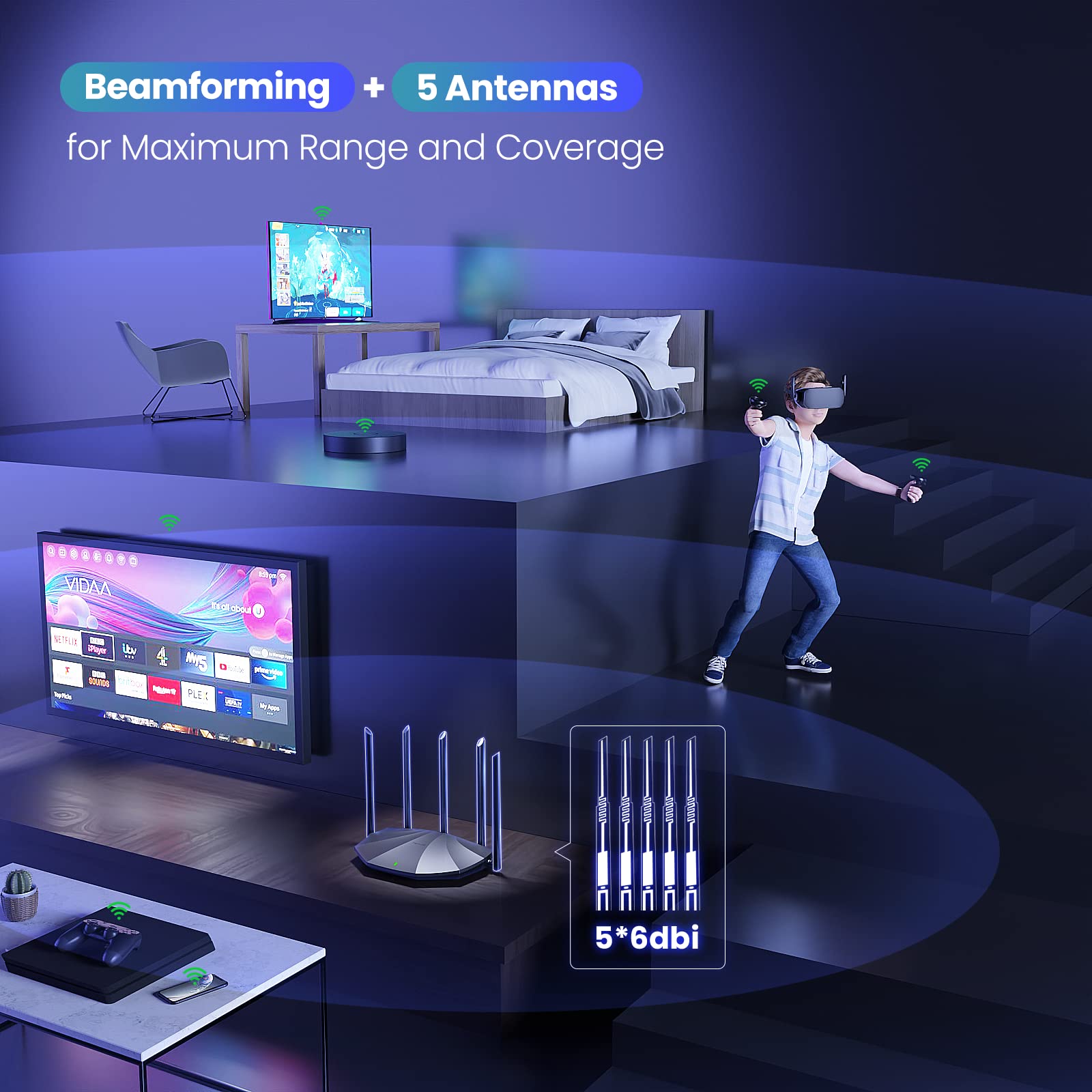 Router WiFi 6 Tenda Negro AX1500 Doble Banda con 5 Antenas de Alta Ganancia y 3 Puertos LAN Gigabit