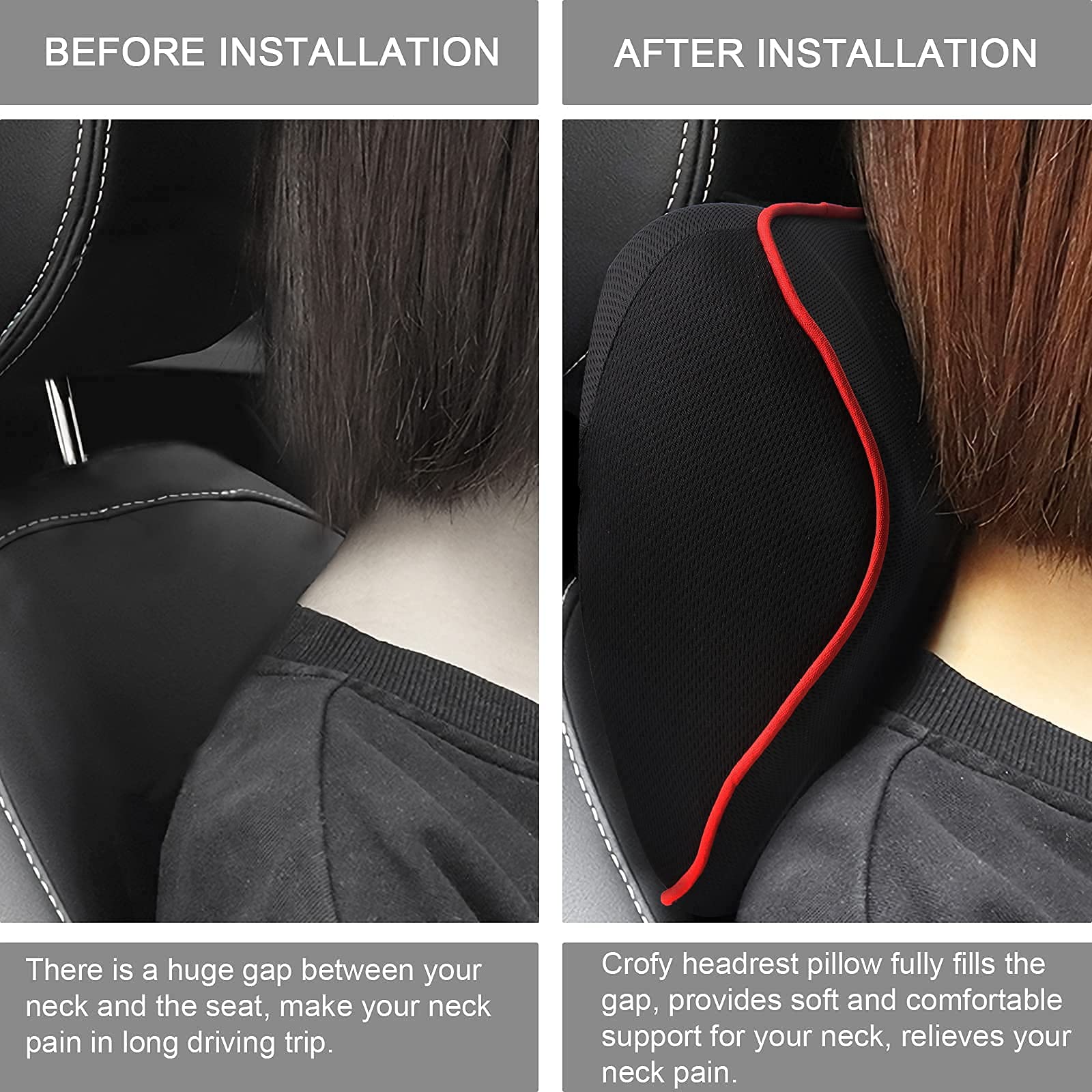 Crofy - Paquete de 2 almohadas para el cuello del coche, suave reposacabezas de coche para conducir con correa ajustable, 100% espuma viscoelástica y funda extraíble transpirable, diseño ergonómico