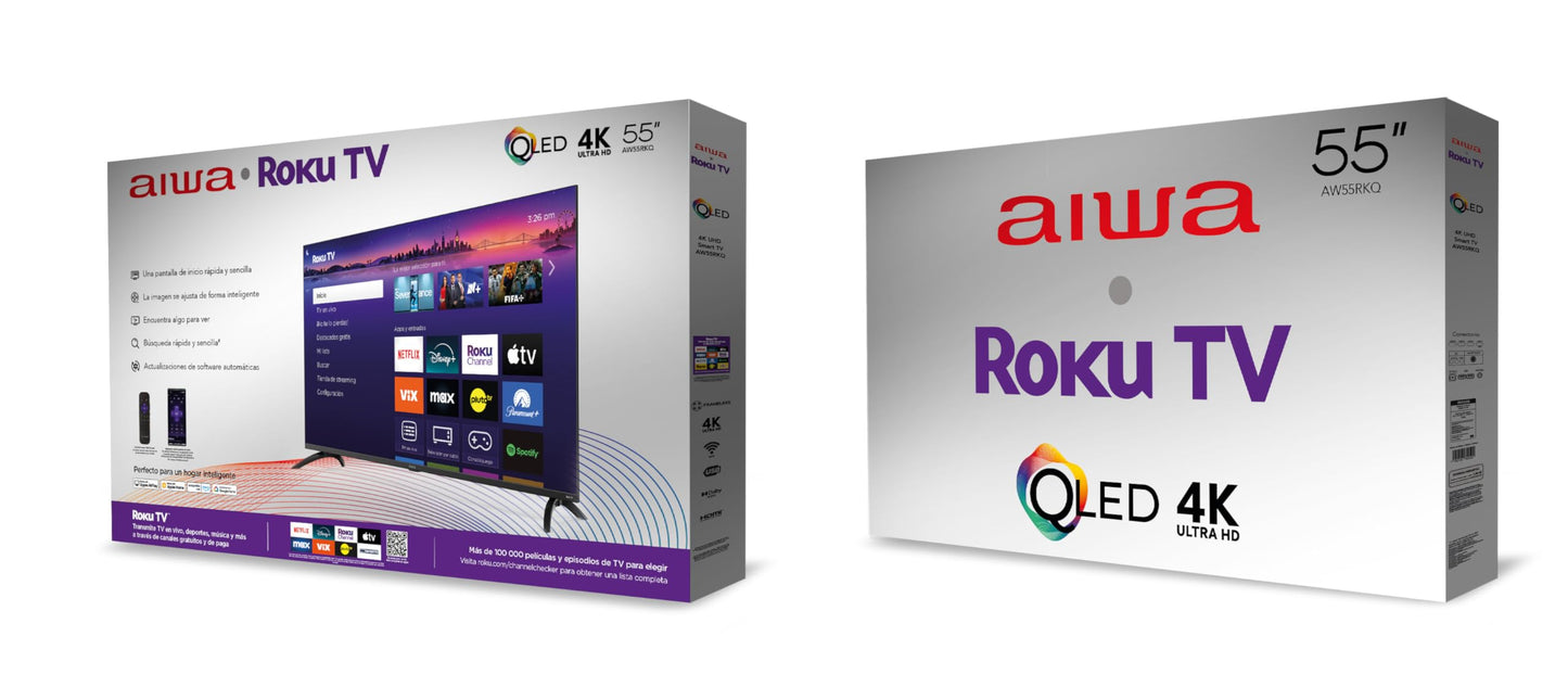 Aiwa Smart TV 55 Pulgadas QLED 4K UHD Roku TV AW55RKQ con HDR, Dolby Audio, WiFi, Bluetooth, 4 HDMI, Pantalla Ultra HD