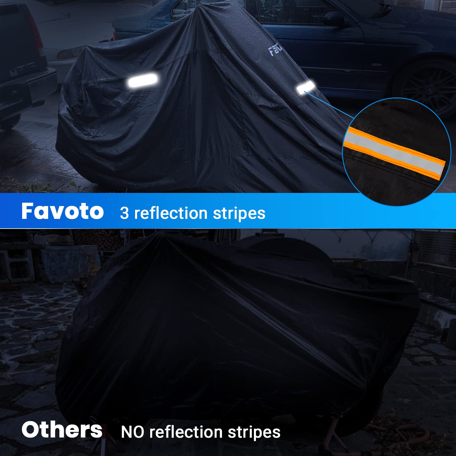Funda para motocicleta Favoto con ajuste universal y 3 reflectores nocturnos, bolsa de transporte con agujero de bloqueo, resistente al viento, impermeable, a prueba de polvo, duradera, protección solar y al aire libre (295 centímetros de longitud).