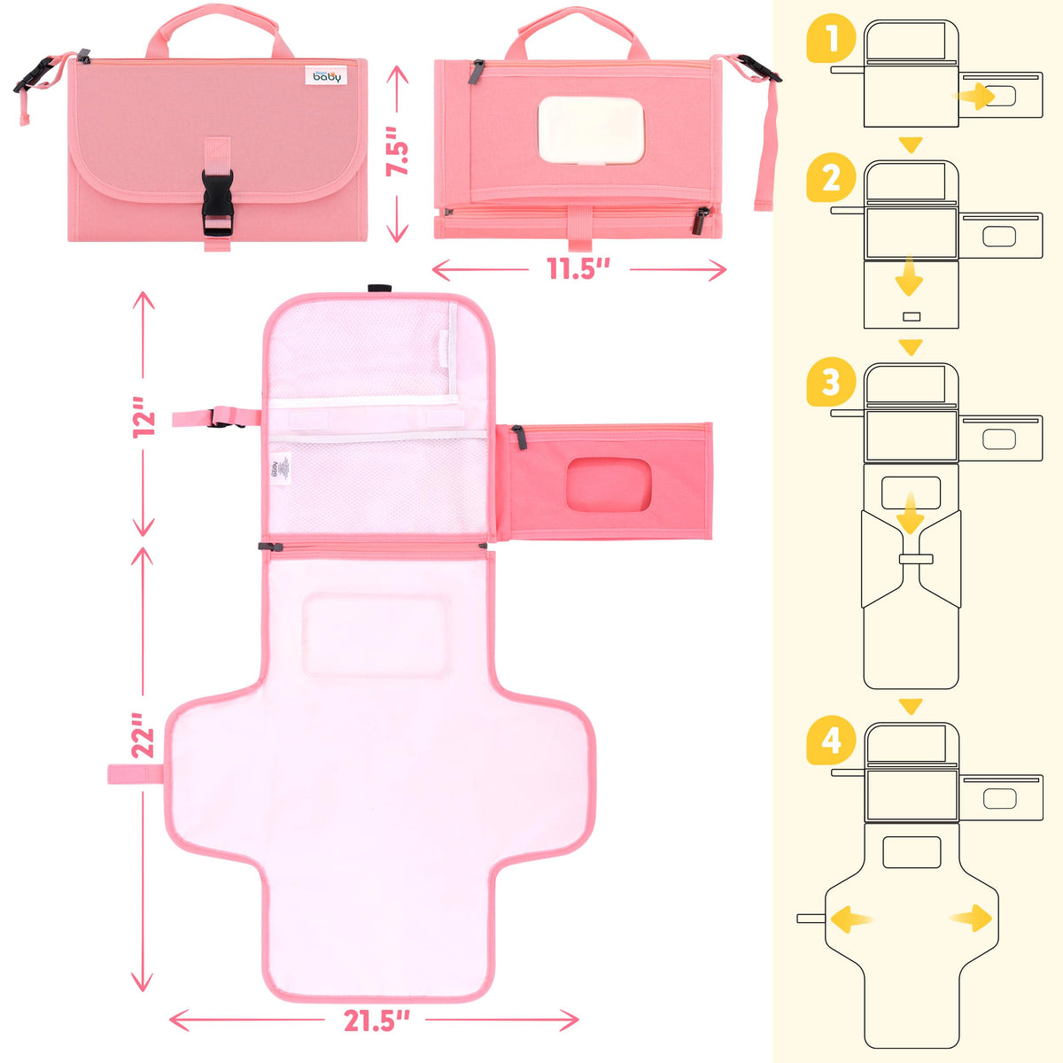 Kopi Baby - Cambiador de pañales portátil para bebé, bolsa de viaje con bolsillo para toallitas, tapete cambiador portátil de diseño inteligente, kit de estación de viaje para bebés, regalo para niñas