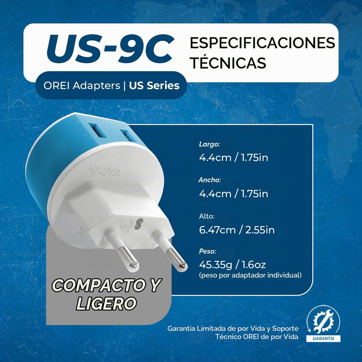 Adaptador de Enchufe Europeo OREI Negro con 2 Entradas para Viaje