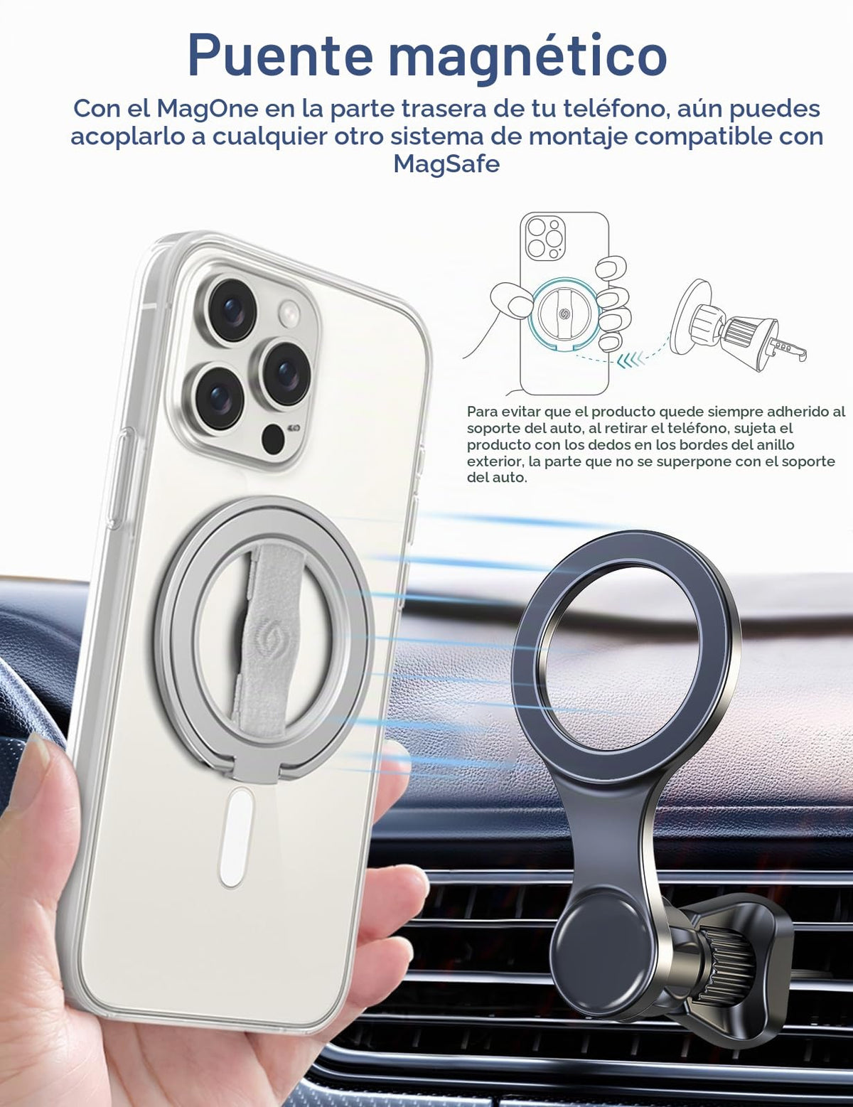Soporte de Agarre para Teléfono EWA MagOne Plata con Correa para Dedos y Soporte Magnético Extraíble para iPhone Series 17-12