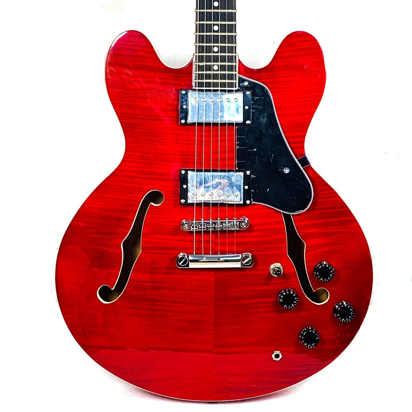 Musoo Guitarra eléctrica de jazz estilo 335, cuerpo semihueco con parte superior de arce flameado, herrajes cromados