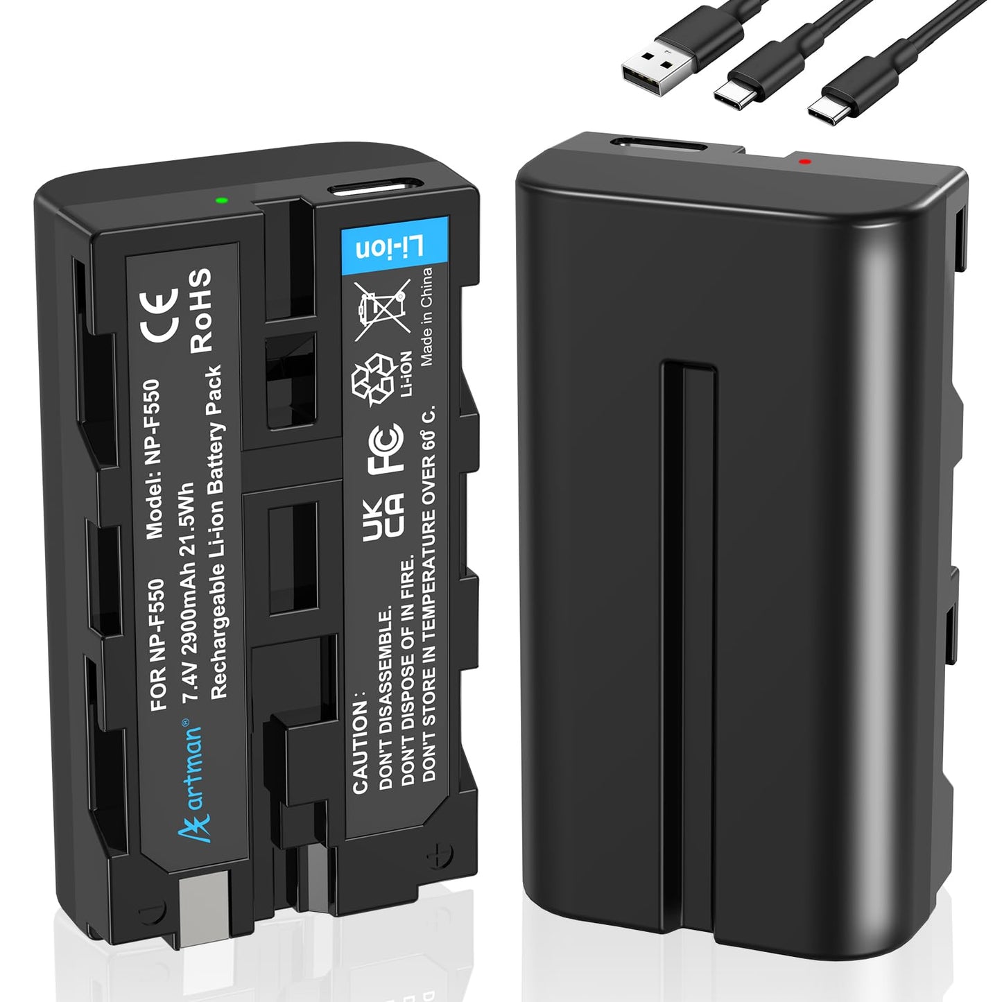 Artman Batería Mejorada NP-F550 2900mAh 2-Pack con Puerto de Carga Directa Tipo-C para Sony NP-F970 F750 F550 F330 F530 F570 F770 F960, CCD-SC55, TR516 TR716 TR818 TR910 TR917 Luz LED, Monitor (Negro)