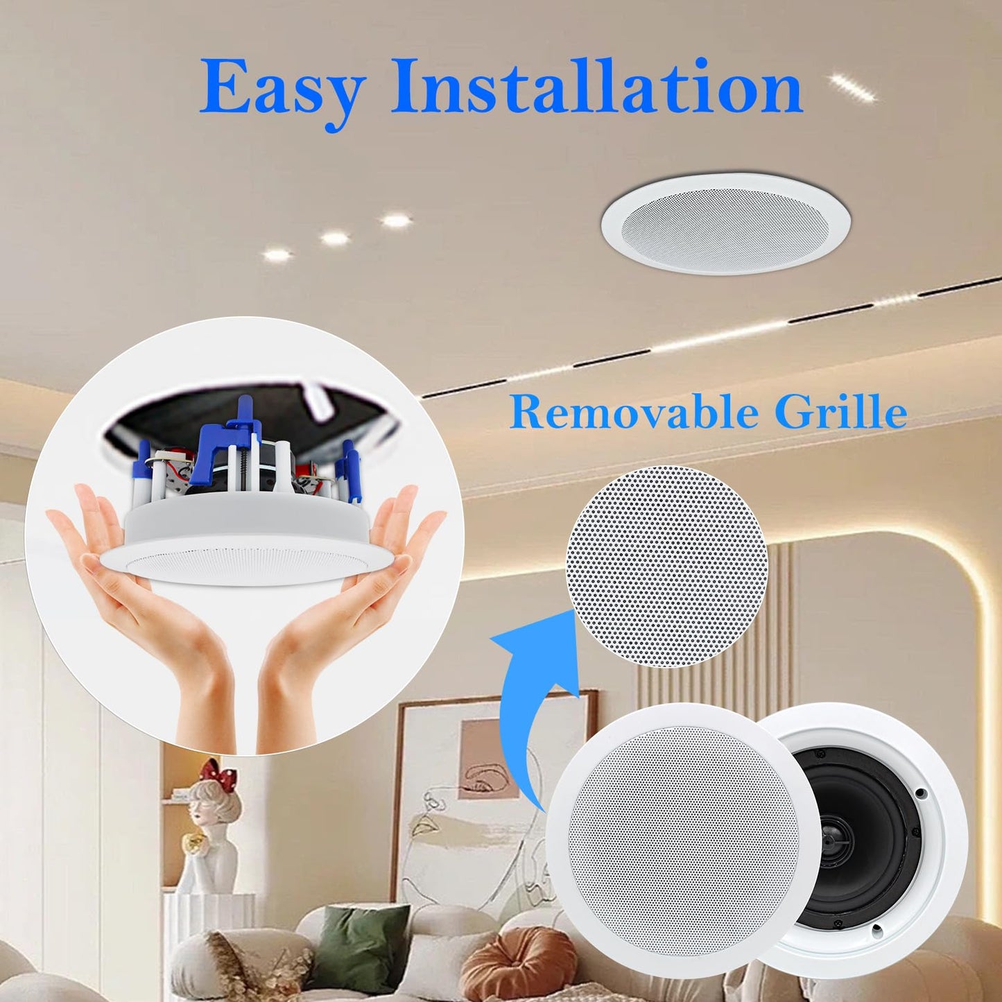 Herdio Altavoces de Techo de 5.25 Pulgadas, 600 W, Montaje Empotrado de 2 vías, Altavoz de Pared para Cine en casa, Interior, baño, Oficina, porches Cubiertos (2 Pares, Blanco)