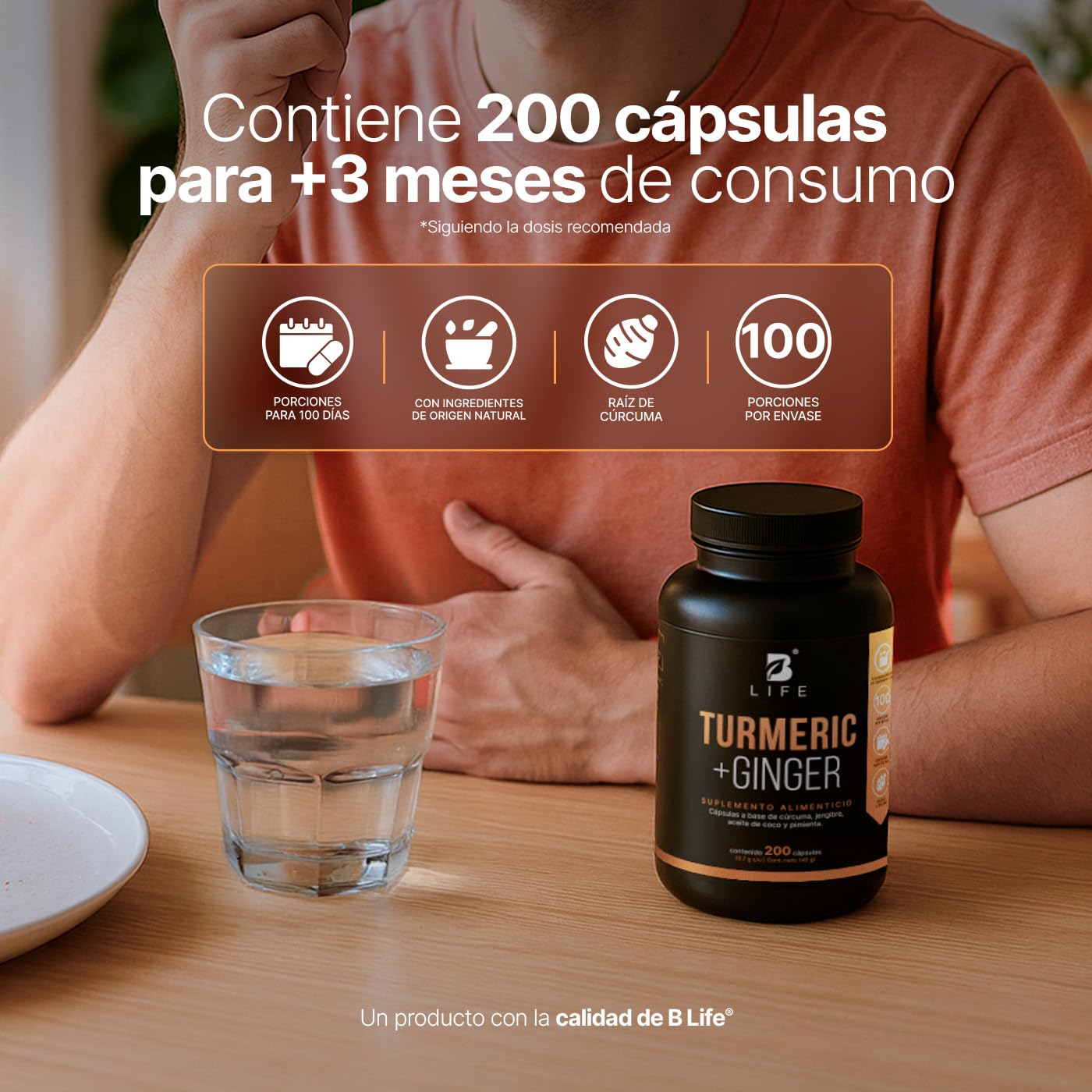 B Life Cúrcuma Con Jengibre y Aceite De Coco | 200 Cápsulas | 1400 mg por porción | Adicionado con Pimienta Negra | Turmeric + Ginger.