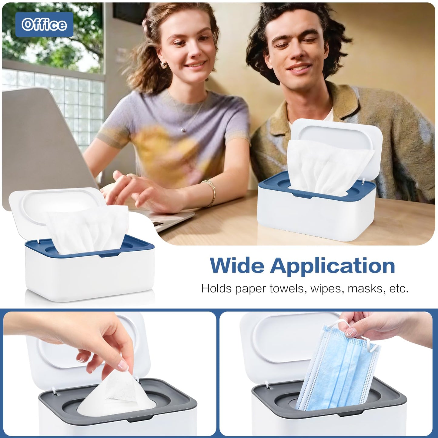 Dispensador de toallitas reutilizables, contenedor de toallitas recargables, fácil de abrir y cerrar con tapa para baño, bebé, guardería, cocina, oficina, viajes (azul/gris)