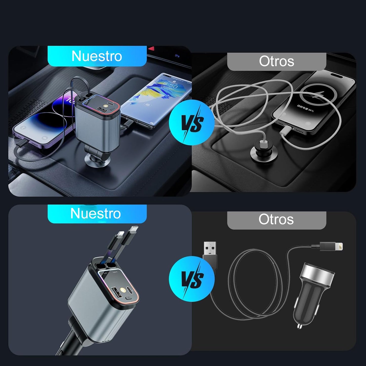HSZSXJK Cargador de Coche con Starlight, Cargador USB C 4 en 1 de 66 W, Cables retráctiles (80cm) y Adaptador de Cargador de Coche, Compatible con iPhone 15/14/13/12/11 Pro MAX, Galaxy