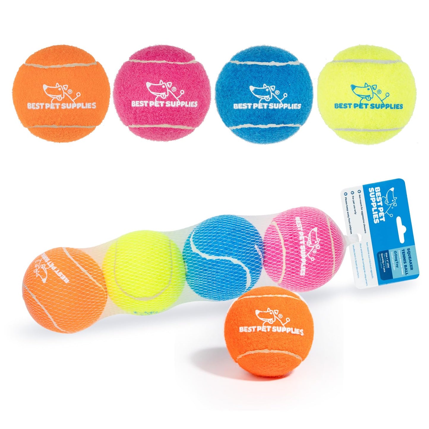Best Pet Supplies - Pelotas de Tenis chirriantes para Perros, Paquete de 4, Juguetes interactivos de Alta Resistencia para lanzar y Buscar, apoya el Ejercicio y el Entrenamiento de Comportamiento