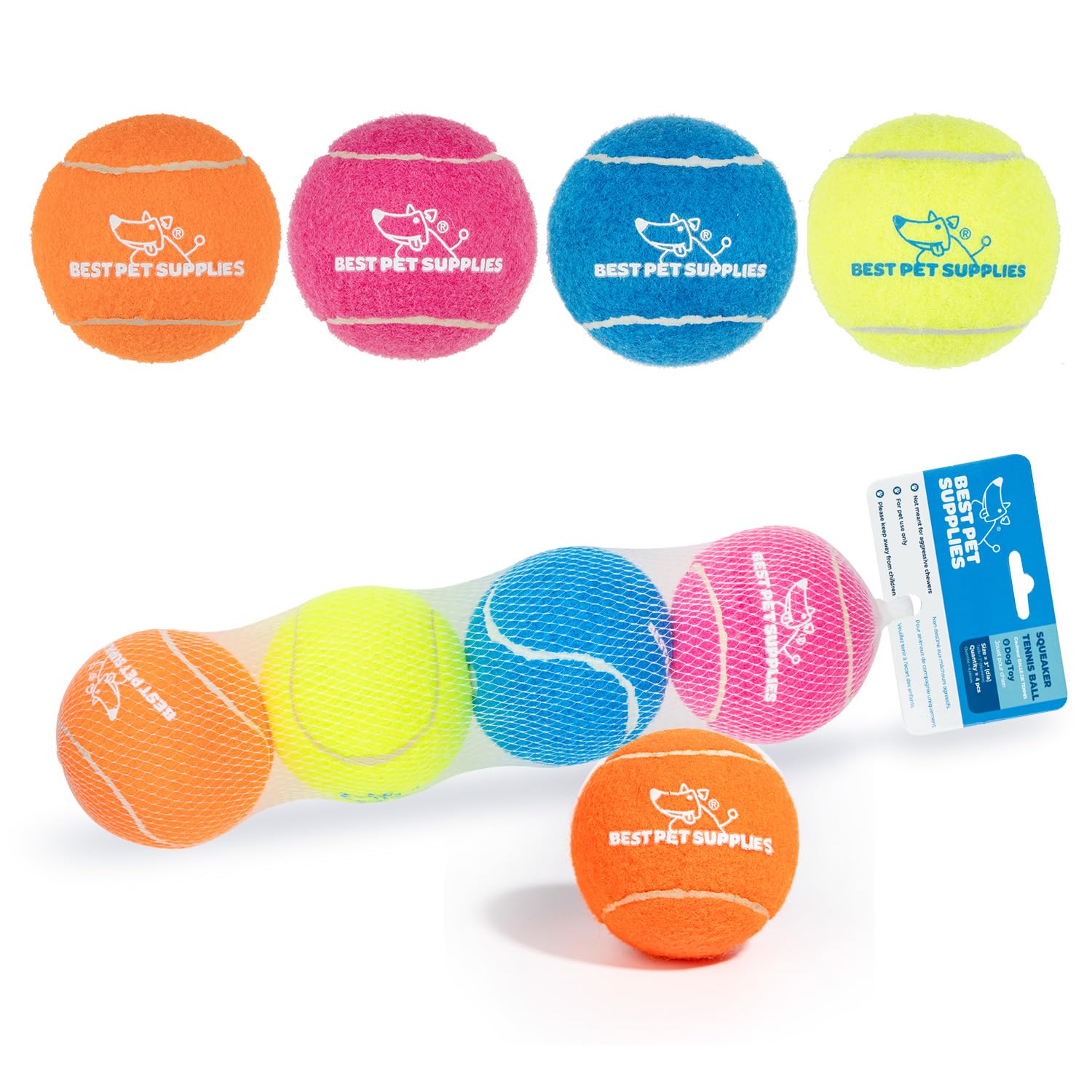 Best Pet Supplies - Pelotas de Tenis chirriantes para Perros, Paquete de 4, Juguetes interactivos de Alta Resistencia para lanzar y Buscar, apoya el Ejercicio y el Entrenamiento de Comportamiento