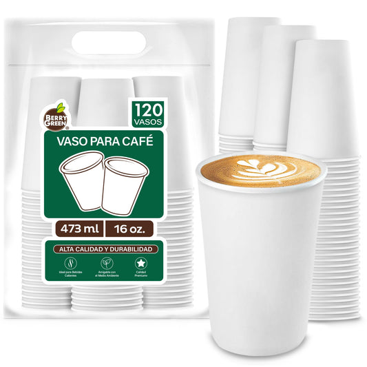 Berry Green Vasos Blancos para Café, Paquete de 120 Vasos, Resistentes, Perfectaos Para Cafe, Te y Todo Tipo de Bebidas Calientes, Biodegradables y Faciles de Apilar (16 Onzas)