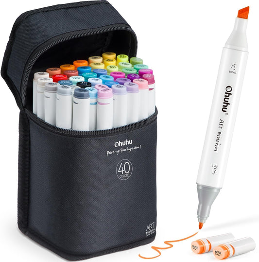 Marcadores Artísticos Ohuhu 40 Colores Doble Punta Alcohol para Artistas Adultos Tinta Recargable