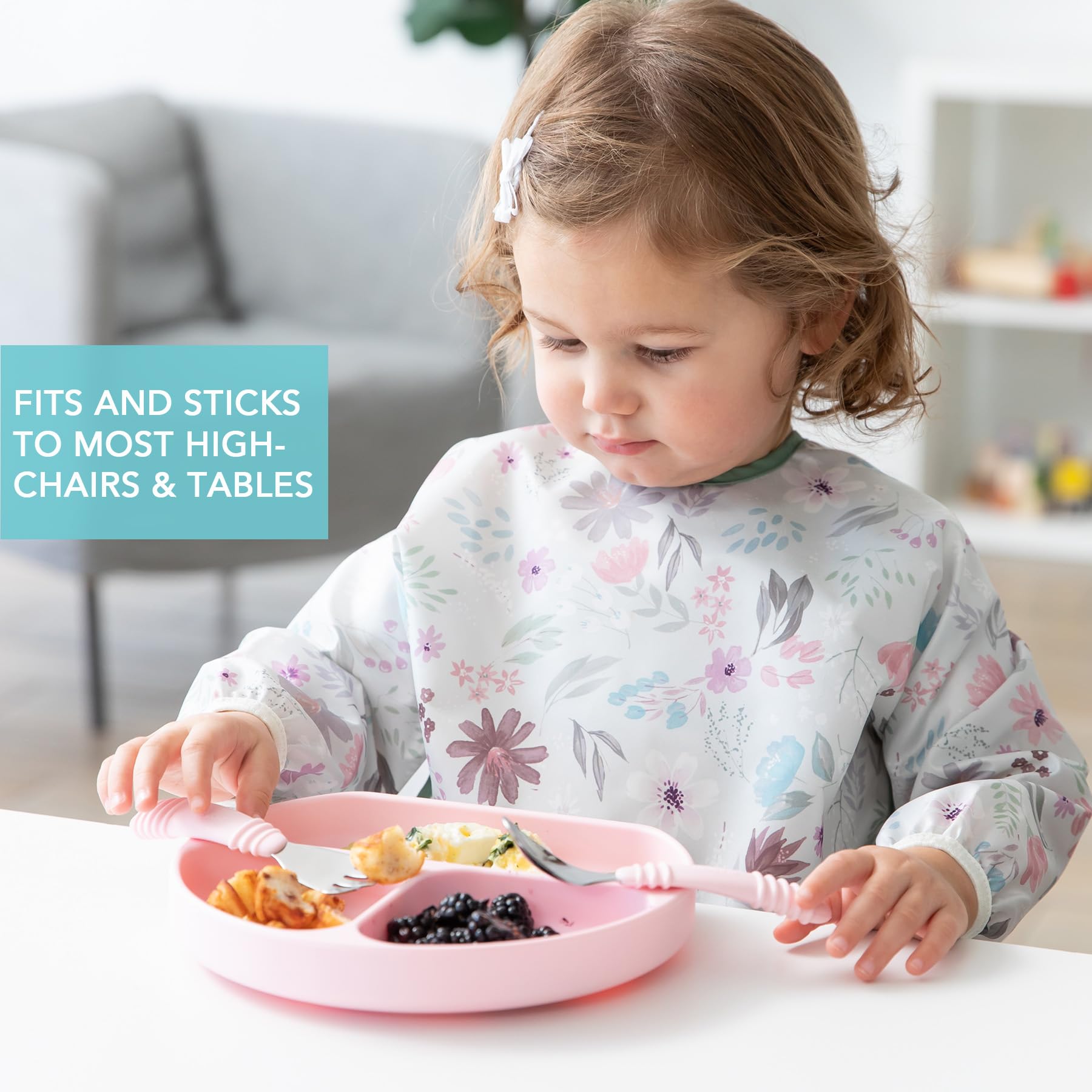 Bumkins - Plato de succión para bebés y bebés, plato de agarre dividido para bebés y niños, destete LED para bebés, suministros de alimentación, se adhiere a mesas y sillas altas, silicona platino,