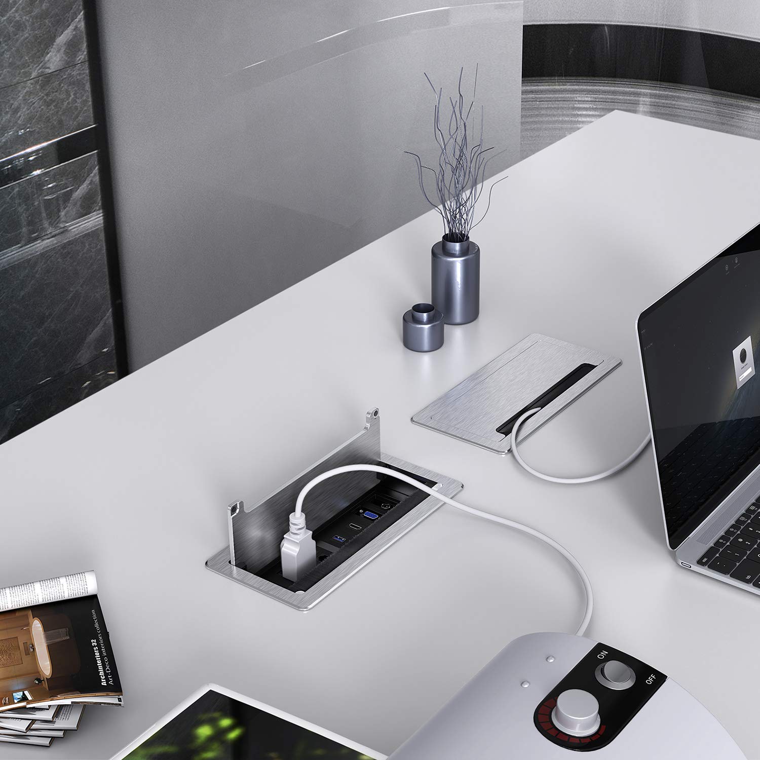 WEBANG Caja de conectividad empotrada Salida para mesa de sala de conferencias con receptáculo 2AC, 2RJ45, 1USB3.0, 1HDMI, 1 VGA, audio de 13,5 mm, color plateado