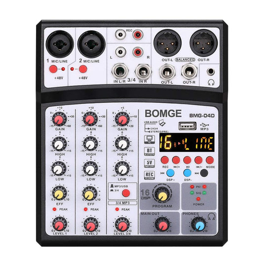 BOMGE 04D portátil Bluetooth 4 canales DJ mezclador de sonido de audio con interfaz USB, entrada de alimentación Phantom de 48 V, 16 efectos de eco para grabación, transmisión en vivo, canto (negro)