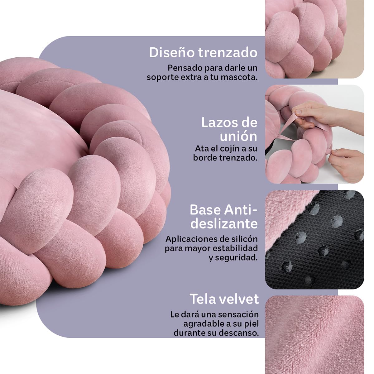 Cama Redonda para Perro y Gato Esquimal Rosa Trenzada Antiestrés Mediana Lavable