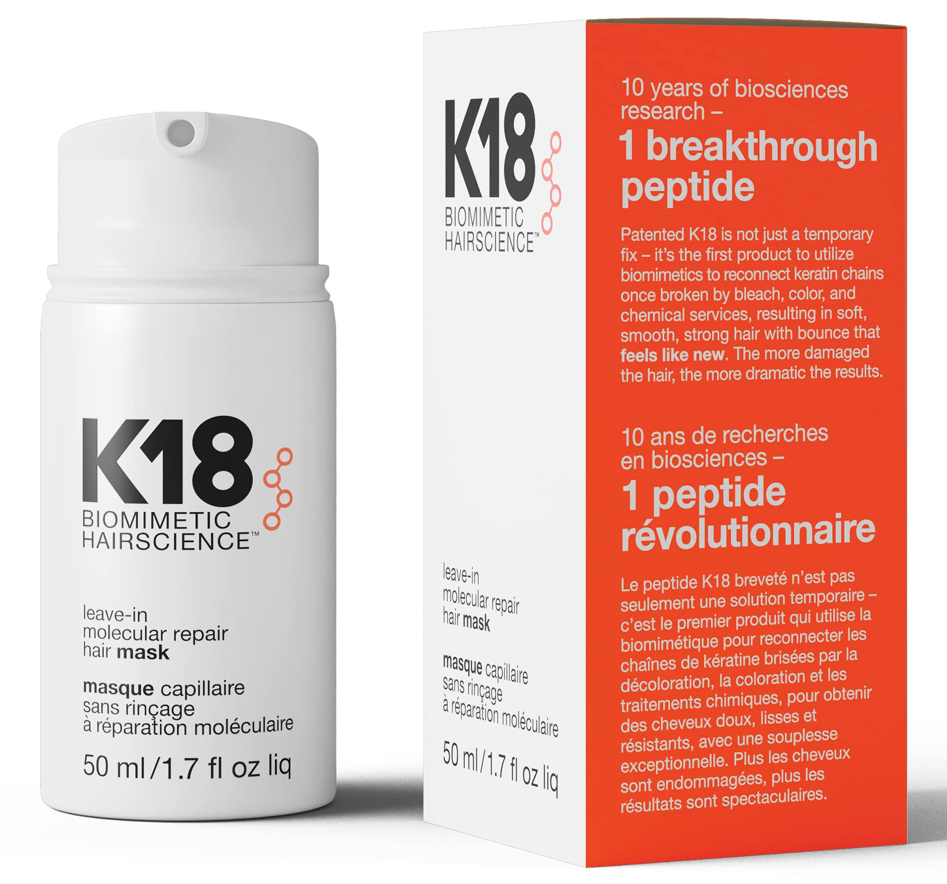 K18 Hair - Mascarilla capilar reparadora molecular Leave-In, máscara unisex, 1.7 oz