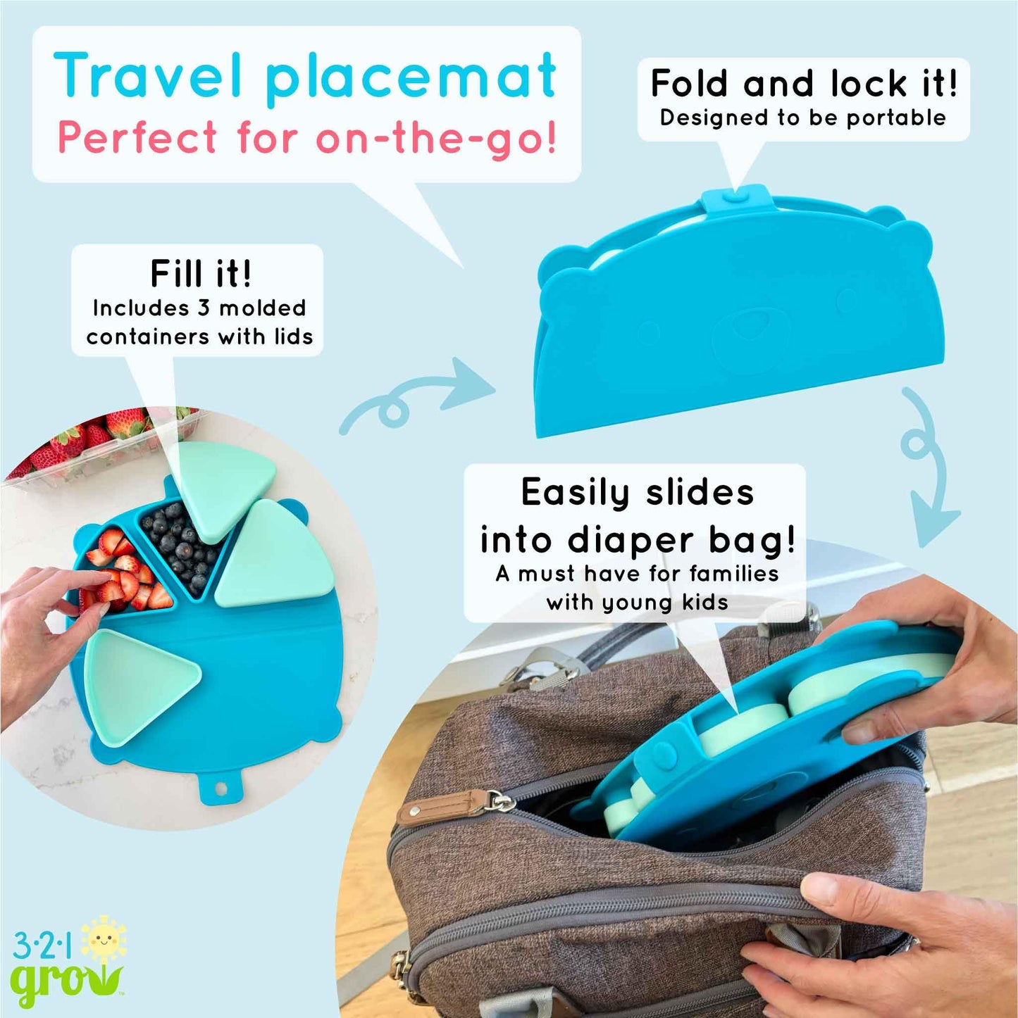 321 Grow Alfombrilla de silicona para snacks de viaje - Juego de manteles plegables reutilizables con 3 compartimentos y tapas - Plato para snacks de viaje apto para bebés y niños pequeños - Apto para