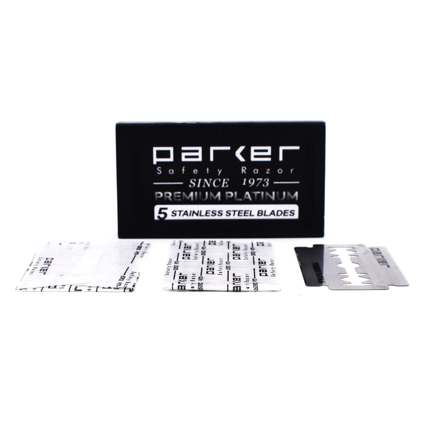 Cuchillas de Afeitar de Seguridad de Doble Filo de Parker, 100 unidades (20 x 5), Cuchillas de Afeitar de Platino Premium con Bordes Recubiertos de Platino, Tungsteno y Cromo