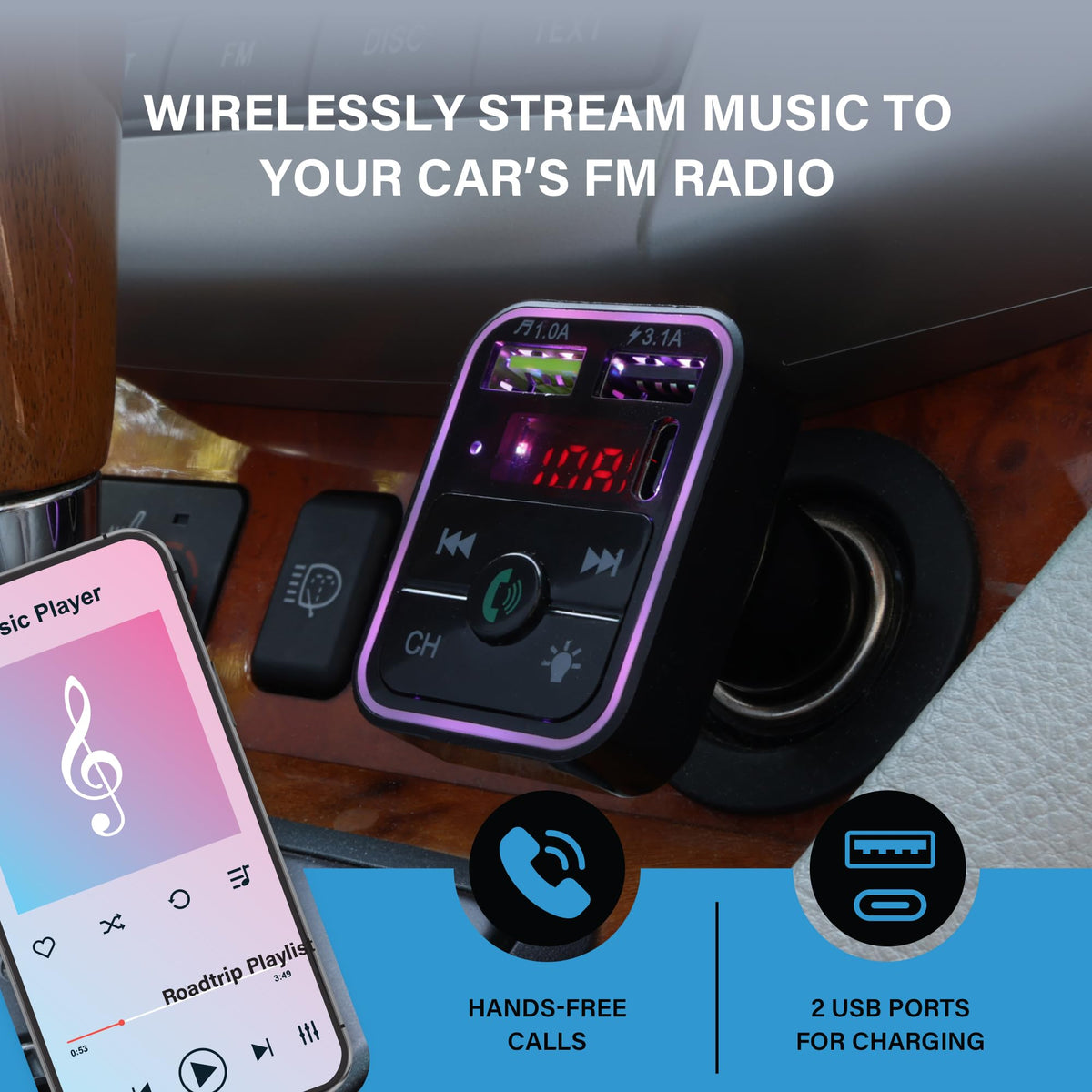 Transmisor FM Bluetooth XTREME Negro con Micrófono de Cancelación de Ruido para Coche