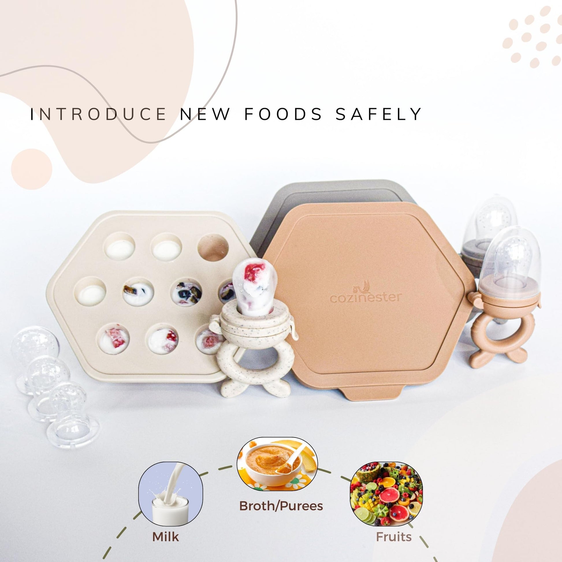 Cozinester - Chupete alimentador de alimentos y frutas para bebés con bandeja de congelación para preparación de lotes, chupete autoalimentable para bebés con 2 bolsas de silicona de diferentes