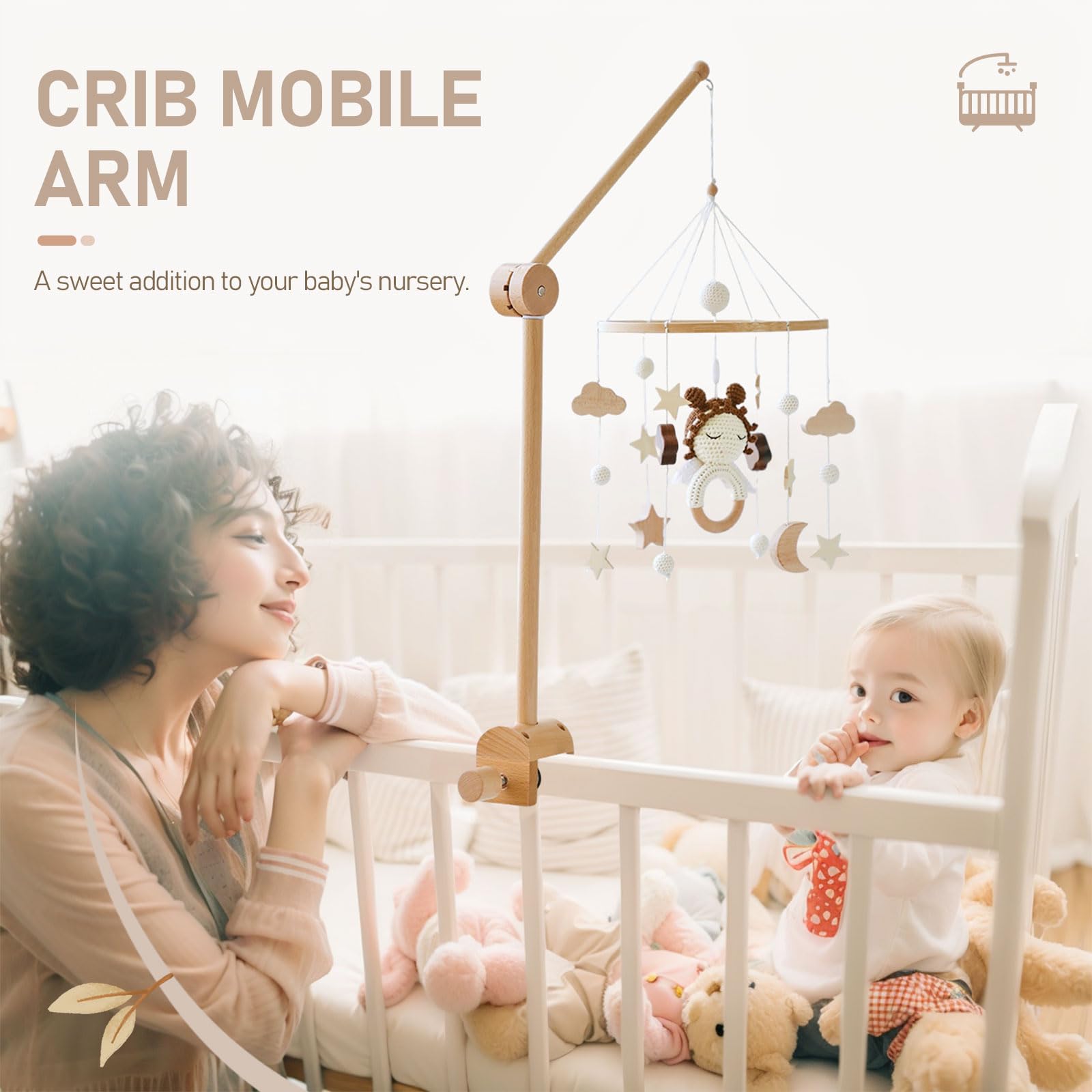 HI BABY MONMENT - Brazo móvil giratorio para bebé, madera de haya natural, soporte móvil para decoración de cuna, perfecto para bebé o niño