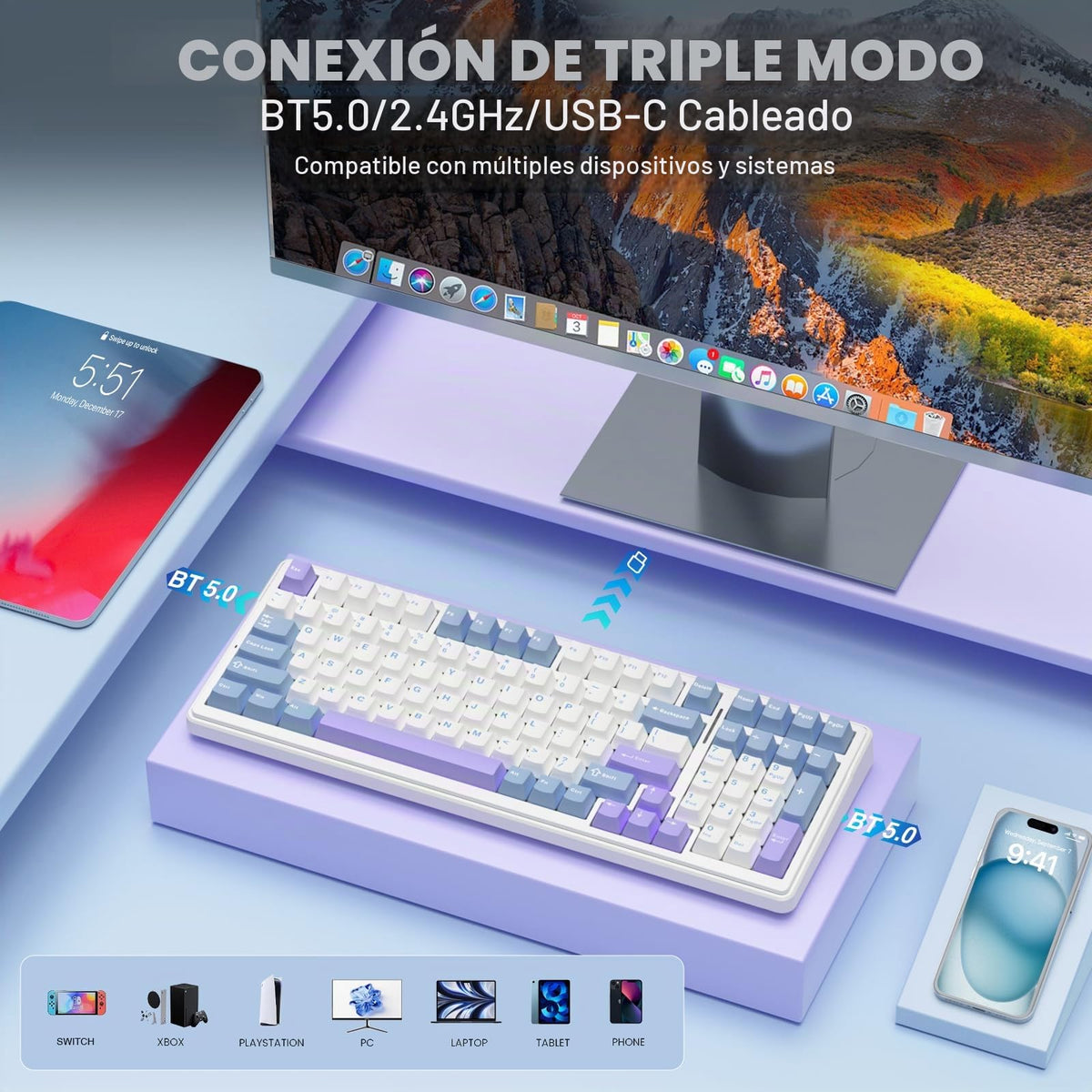 Teclado Mecánico Inalámbrico Aula F99 RGB Personalizable para PC/Tablet/Xbox/PS4/PS5