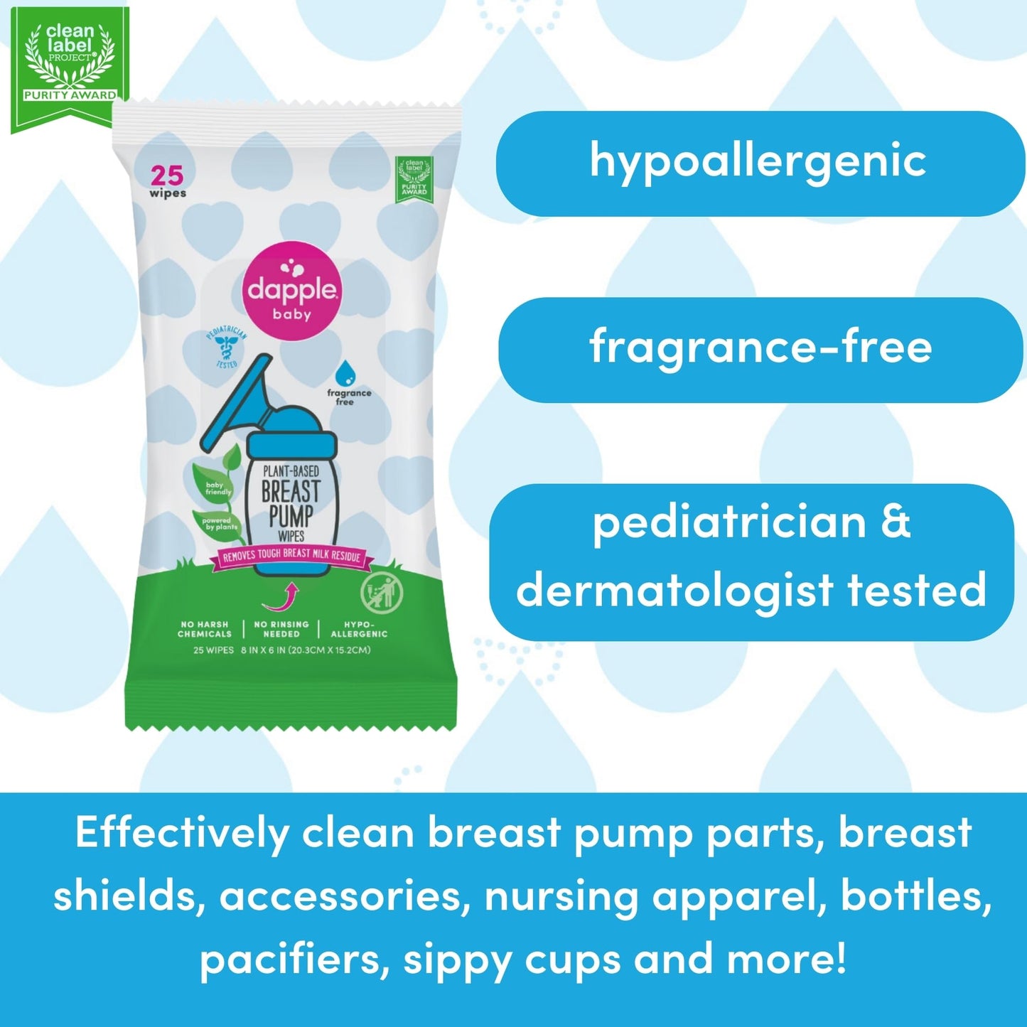Dapple Baby, 25 unidades (paquete de 3), sin fragancia, a base de plantas e hipoalergénicas, elimina los residuos de leche, no deja sabor, práctica bolsa para toallitas