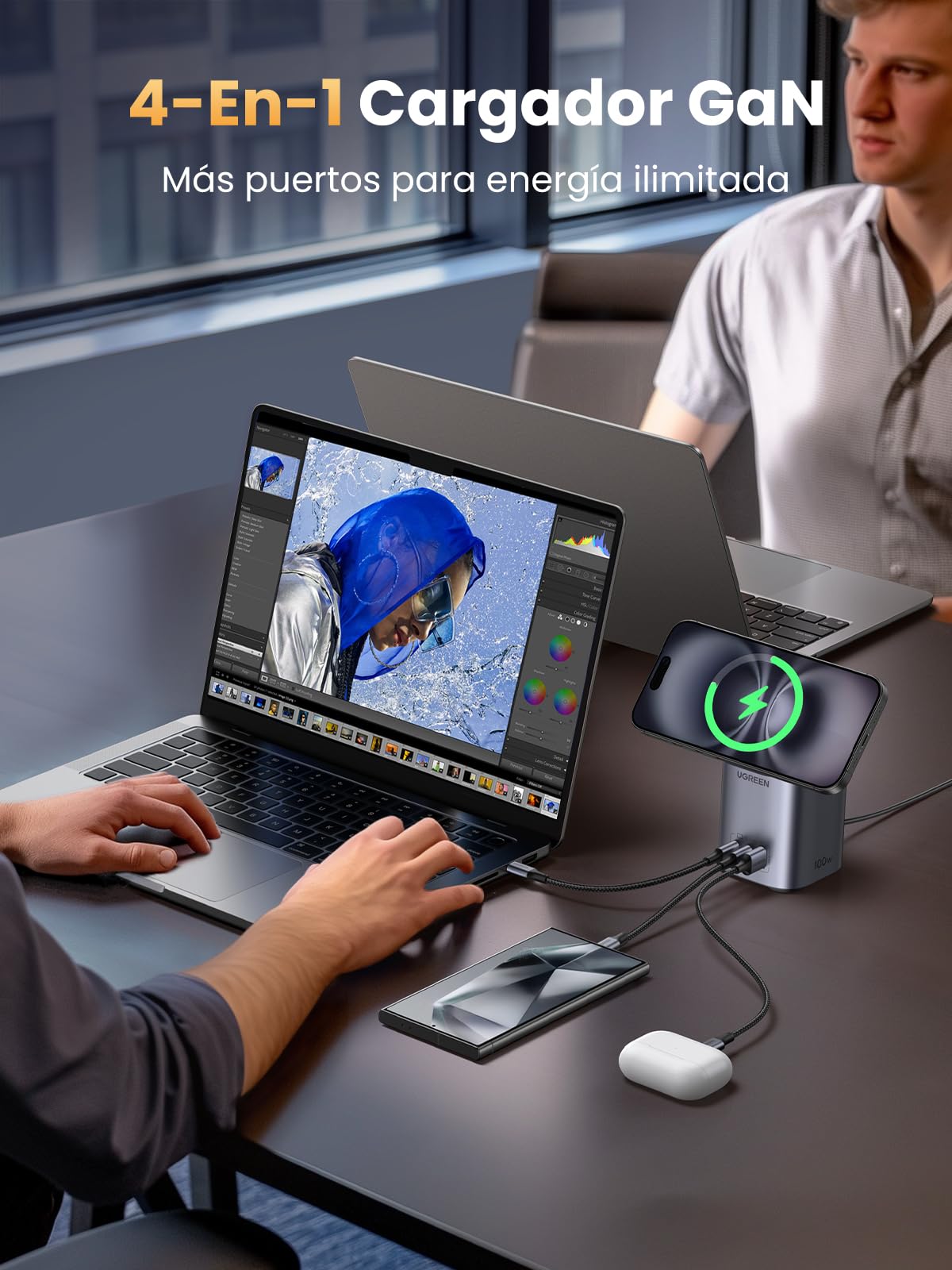 Cargador Inalámbrico UGREEN 15W MagSafe para iPhone y MacBook Pro/Air M2 en Magenta Gan 100W USB C 4 en 1