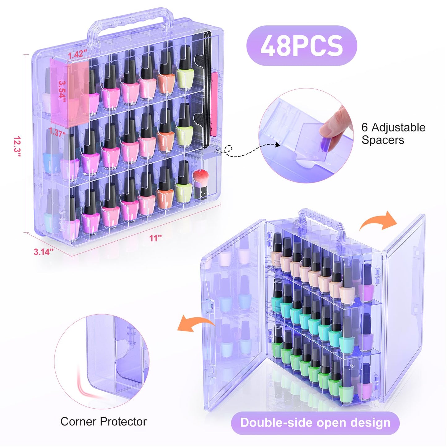 Beloving - Funda organizadora de esmalte de uñas para 48 botellas, soporte para esmalte de uñas con divisor ajustable, almacenamiento de esmalte de uñas de gel de doble cara, organizador para