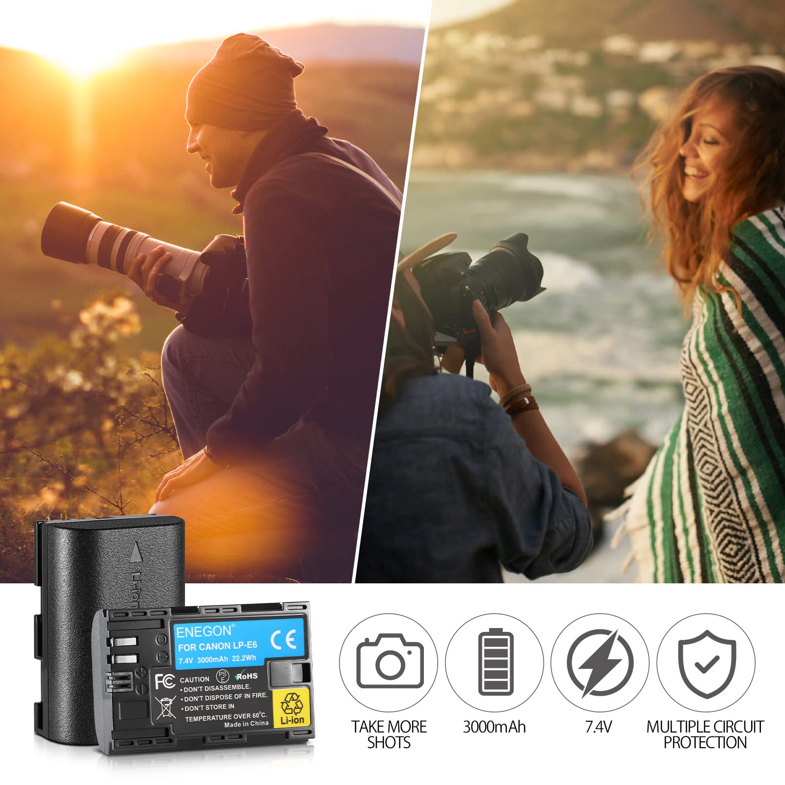 ENEGON LP-E6 LP-E6N Recargable Batería(2 * 3000 mAh) para Canon EOS 5D Mark II/III/IV, 5DS, 5DS R, 6D, 6D Mark II, 7D, 7D Mark II, 60D, 70D, 80D, 90D Cameras