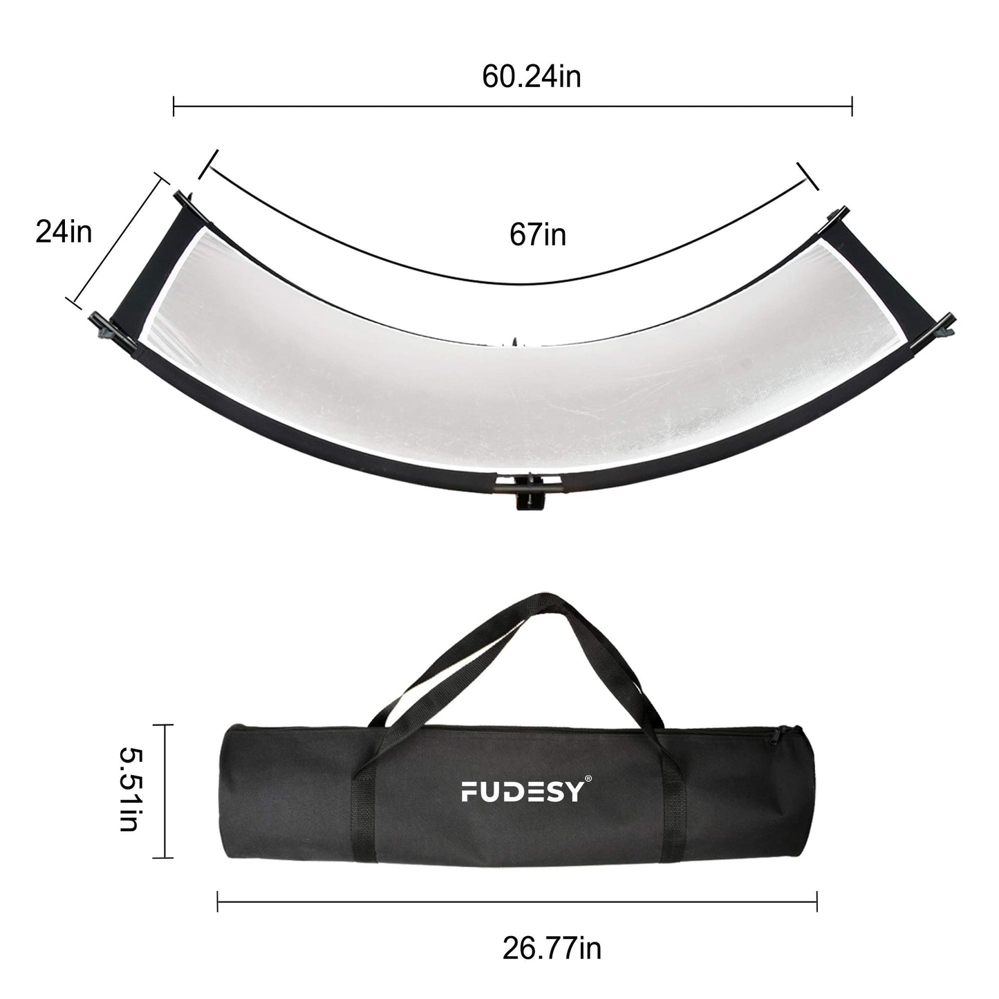 FUDESY Reflector/difusor de luz de concha, reflector curvado de iluminación de fotografía de 170.18 x 60.96 cm, para fotografía y estudio de fotos, con reflectores negro/plateado/blanco/dorado, bolsa