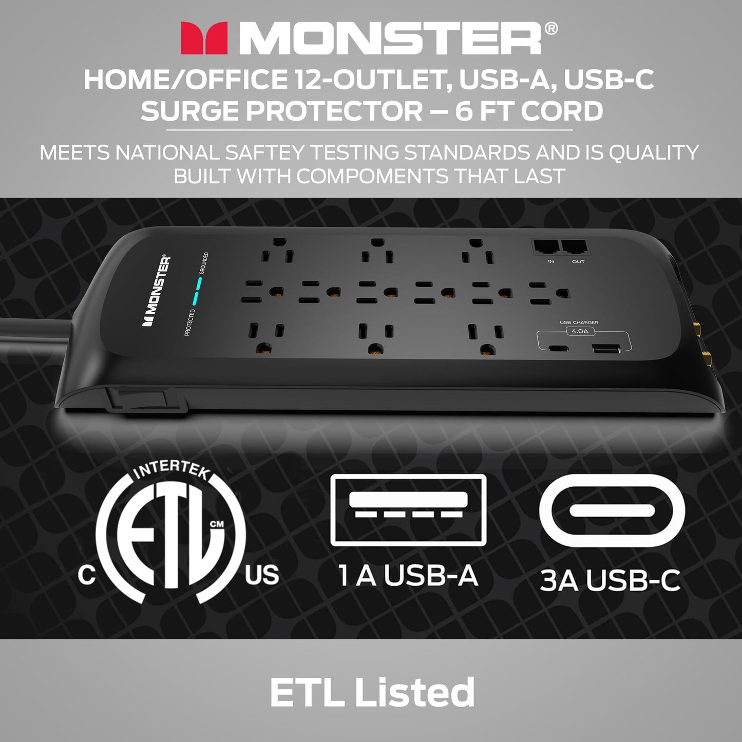 Protector de Sobretensiones Monster Negro Cable de 6 Pies 10 Salidas 2 Puertos USB Ideal para Dispositivos Domésticos