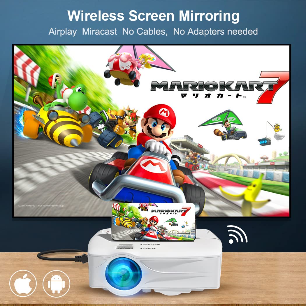 Proyector Portátil iOS Android Blanco con WiFi y HDMI de 7500 Lúmenes para Cine en Casa y Exteriores