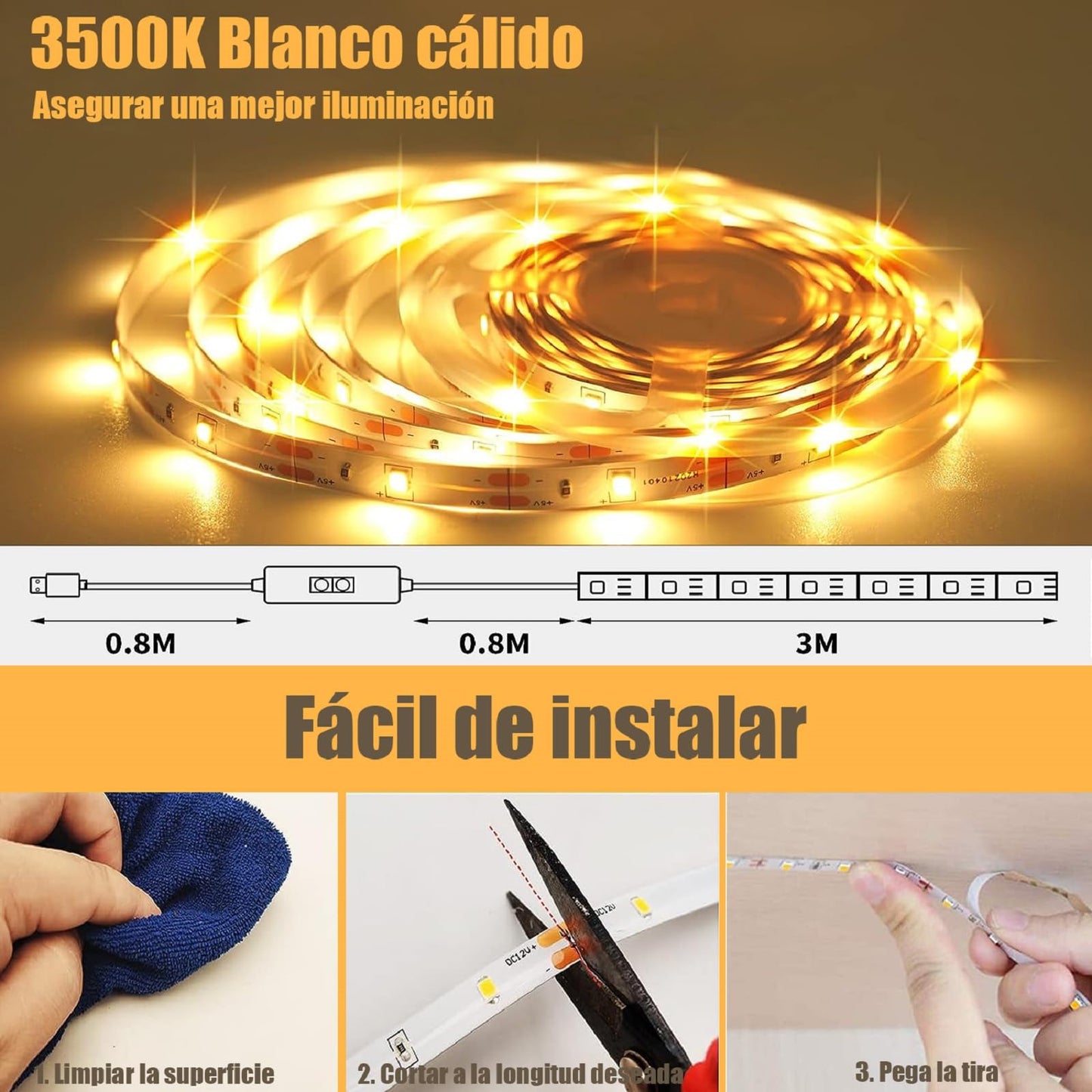 BAGOTT Tira de Luces Led, 3M Luz Led Regulable con Sensor de Movimiento, 180 LED, 3500K Brillo Ajustable para Cocina, Recámara, Sala de Estar, Dormitorio (Blanco Calido)