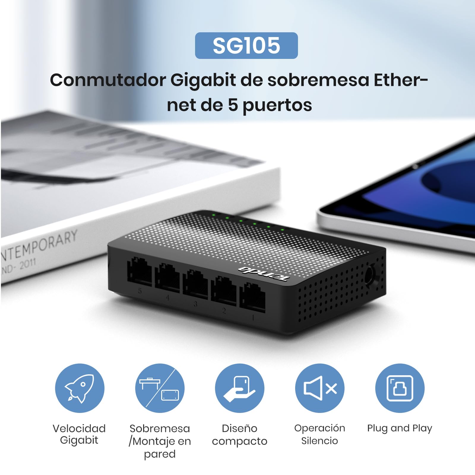Switch Gigabit Tenda SG105 Negro 5 Puertos para Gaming y Streaming HD