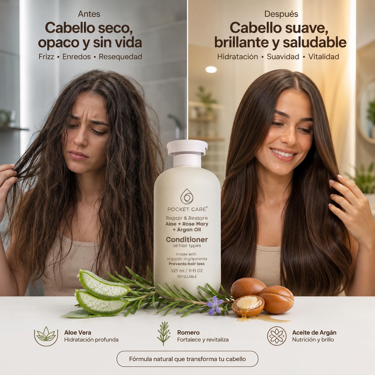 Pocket Care Acondicionador Reparador para Cabello Seco y Maltratado con Aceite de Argán, Sábila, Romero, Manteca de Karité y Cacao | Anti Frizz, Brillo y Suavidad | 325 ml(Acondicionador, Aloe vera)