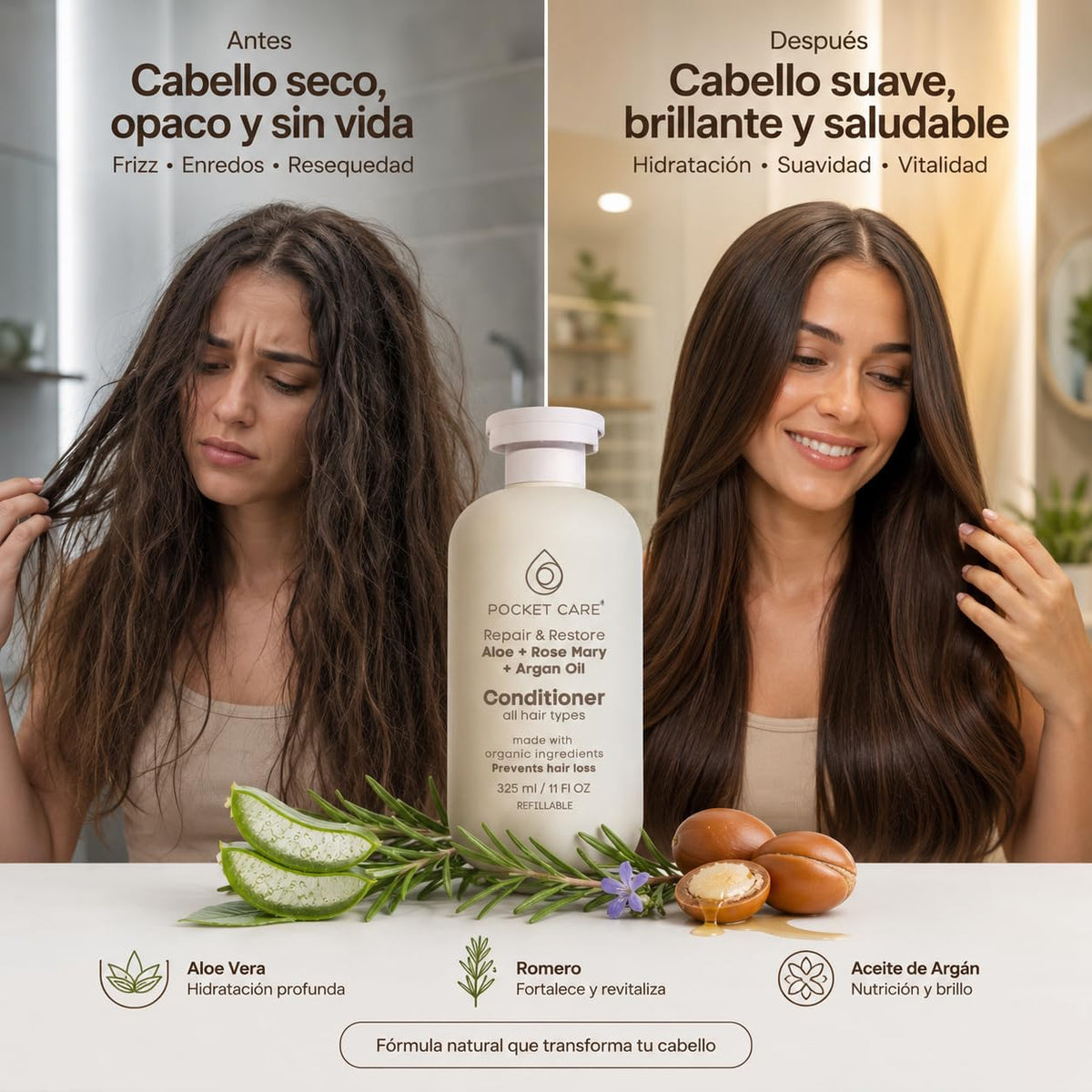 Kit Anticaída y Reparación Capilar con Romero, Sábila y Argán – Shampoo para Fortalecer Cabello Débil y Reducir la Caída + Acondicionador Reparador Anti Frizz para Cabello Seco y Maltratado – Hombre y Mujer Pocket care