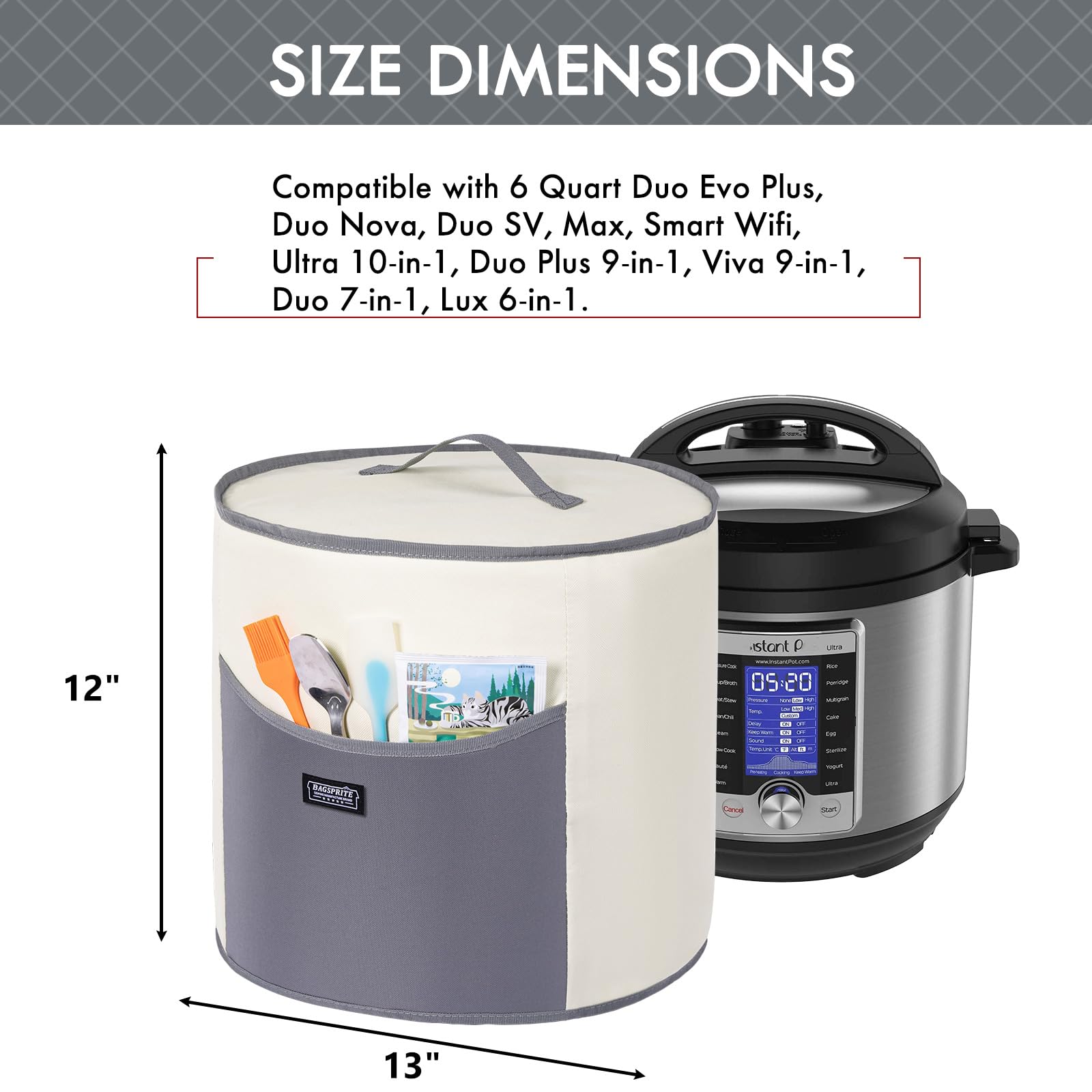 BAGSPRITE - Cubierta antipolvo compatible con fundas instantáneas para electrodomésticos de 6 cuartos de galón, cubierta aislada para olla de presión con bolsillos para accesorios de cocina