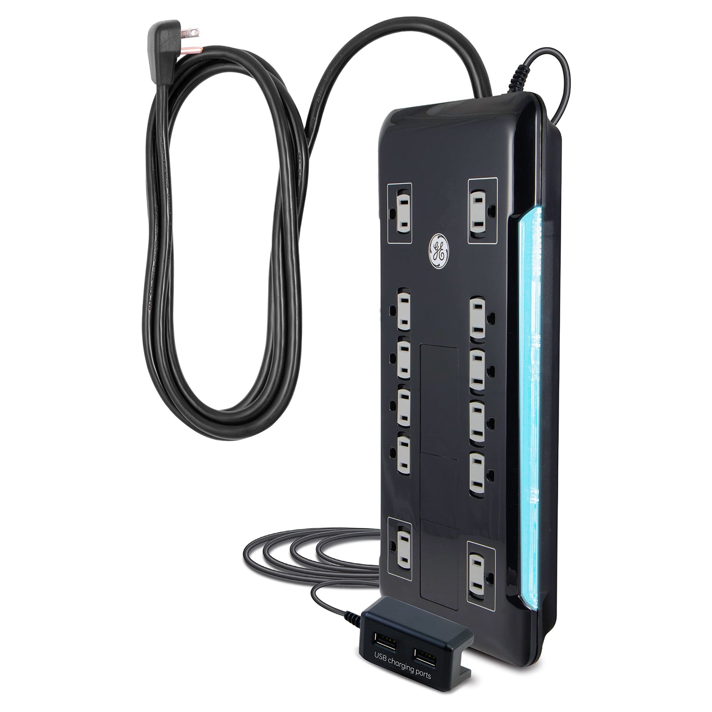 GE Protector de sobretensión UltraPro de 12 Salidas, 2 Puertos USB conectados, Cable de alimentación de 8 pies, 4320 Julios, Filtro de Potencia, disyuntor, garantía, listado UL, 11824