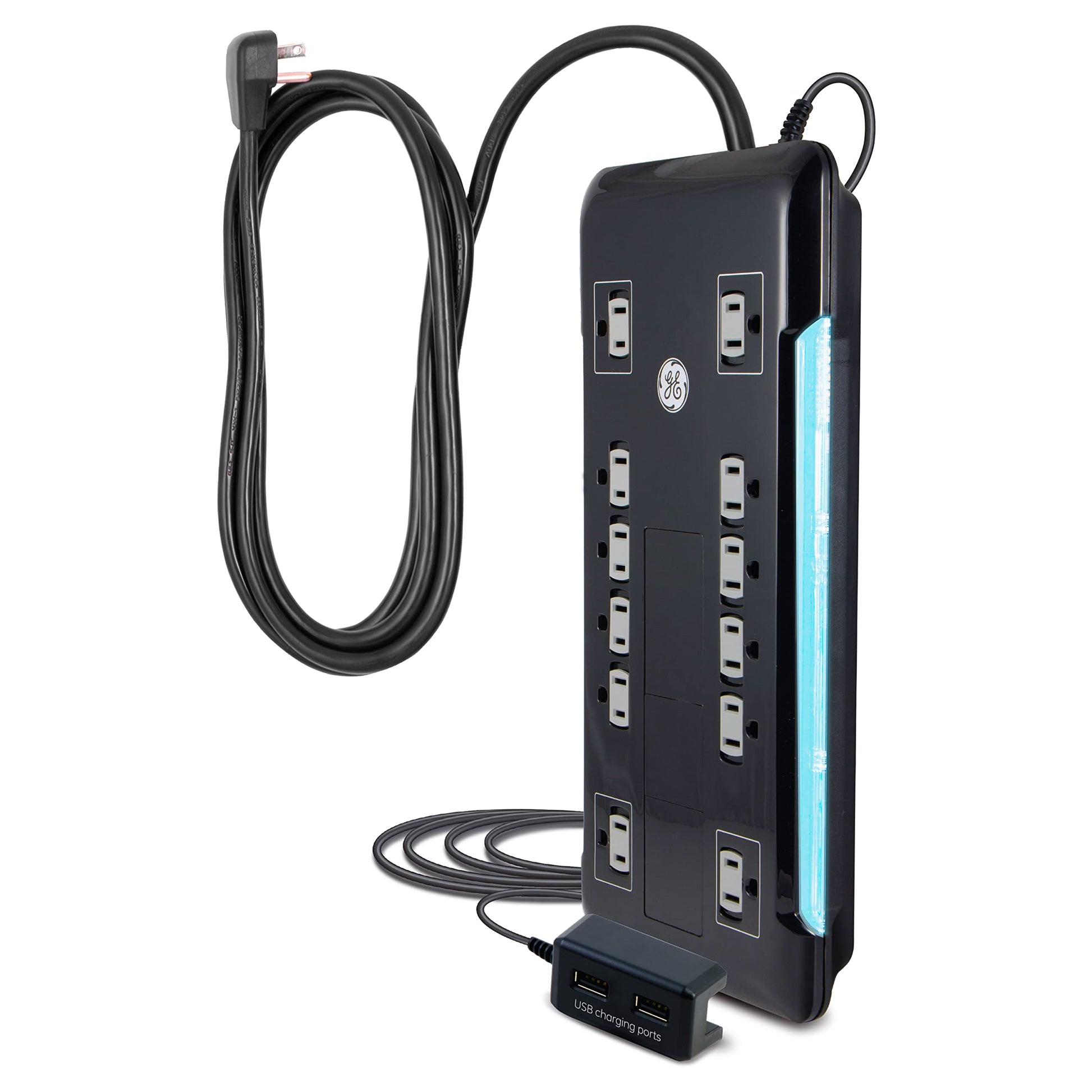 GE Protector de sobretensión UltraPro de 12 Salidas, 2 Puertos USB conectados, Cable de alimentación de 8 pies, 4320 Julios, Filtro de Potencia, disyuntor, garantía, listado UL, 11824