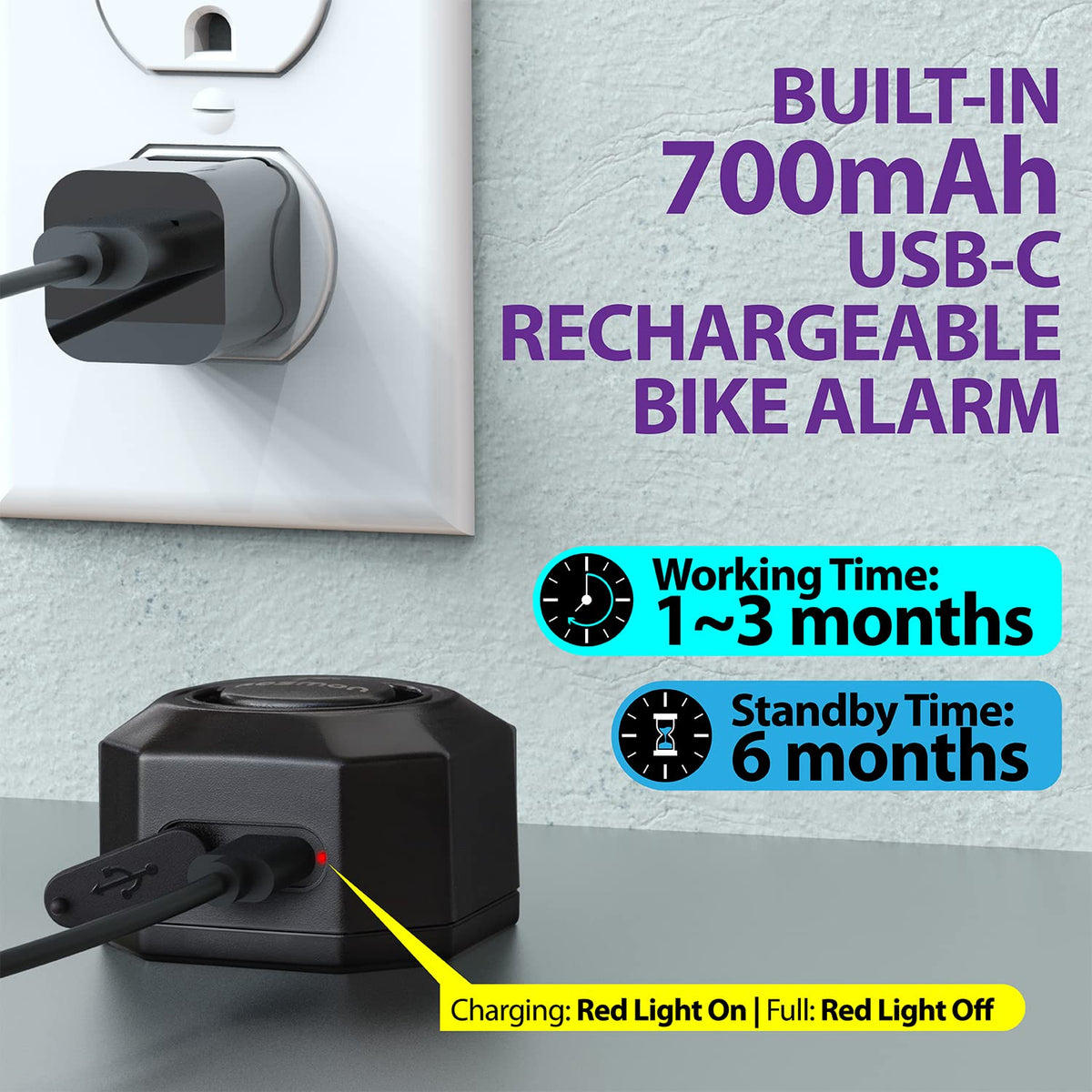 Alarma de Bicicleta Fosmon Negra Recargable USB-C Antirrobo Inalámbrica 110 dB Impermeable para Bicicleta y Scooter