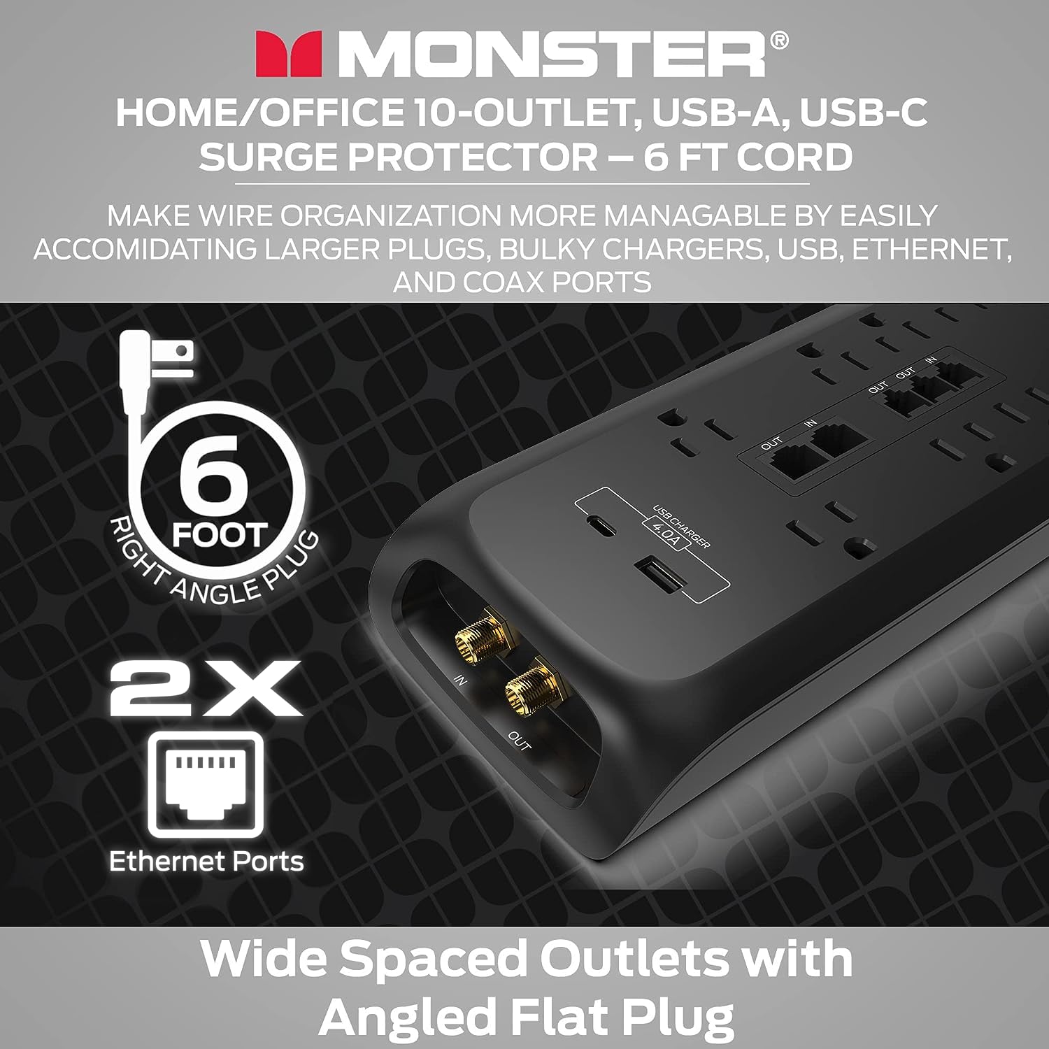 Protector de Sobretensiones Monster Negro Cable de 6 Pies 10 Salidas 2 Puertos USB Ideal para Dispositivos Domésticos